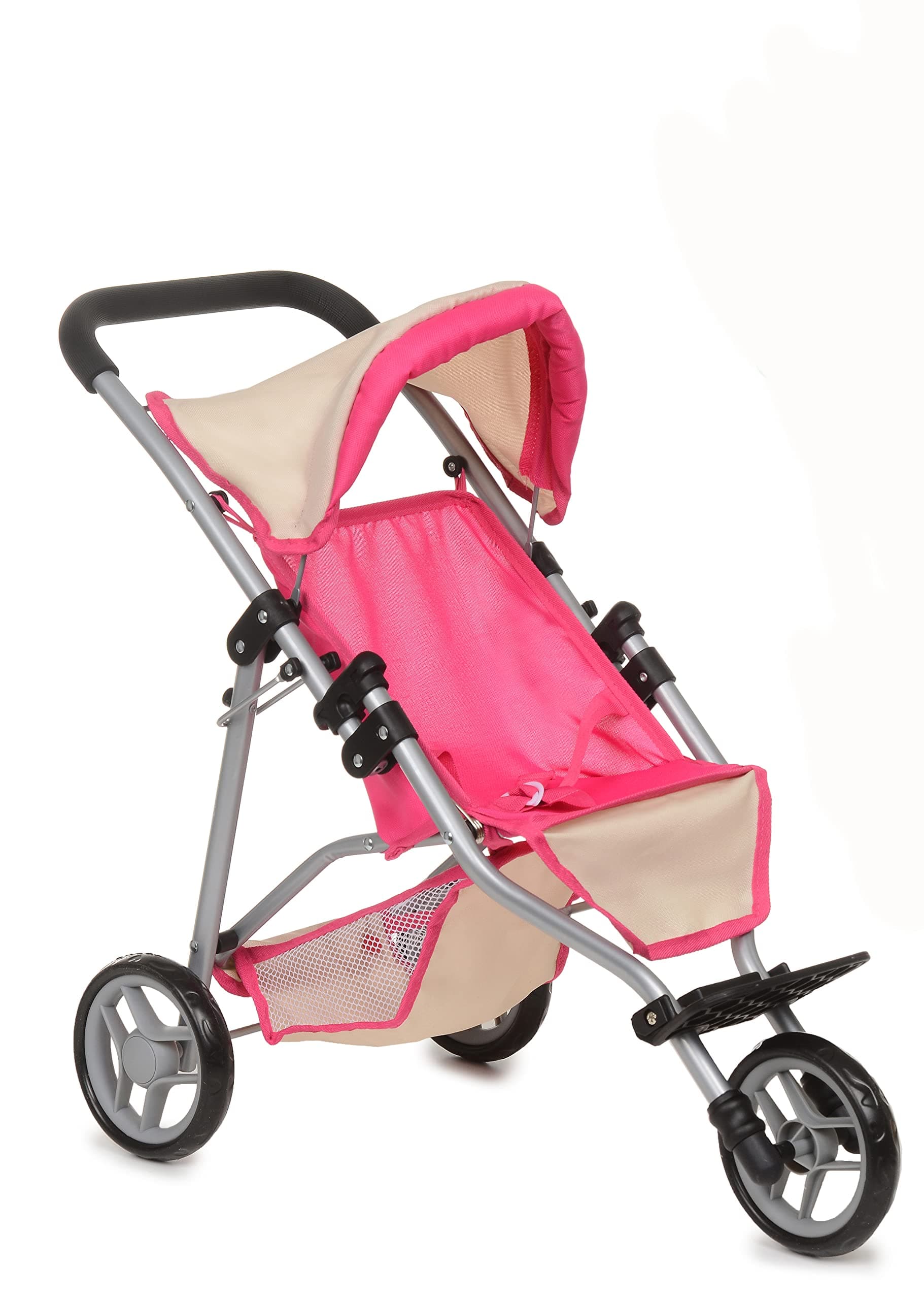 fash n kolorMy First Doll Jogger Stroller with Adjustable Canopy & Toy Storage Basket - Easy Foldable Baby Stroller for Pretend Play - Pink & Off-White Design,