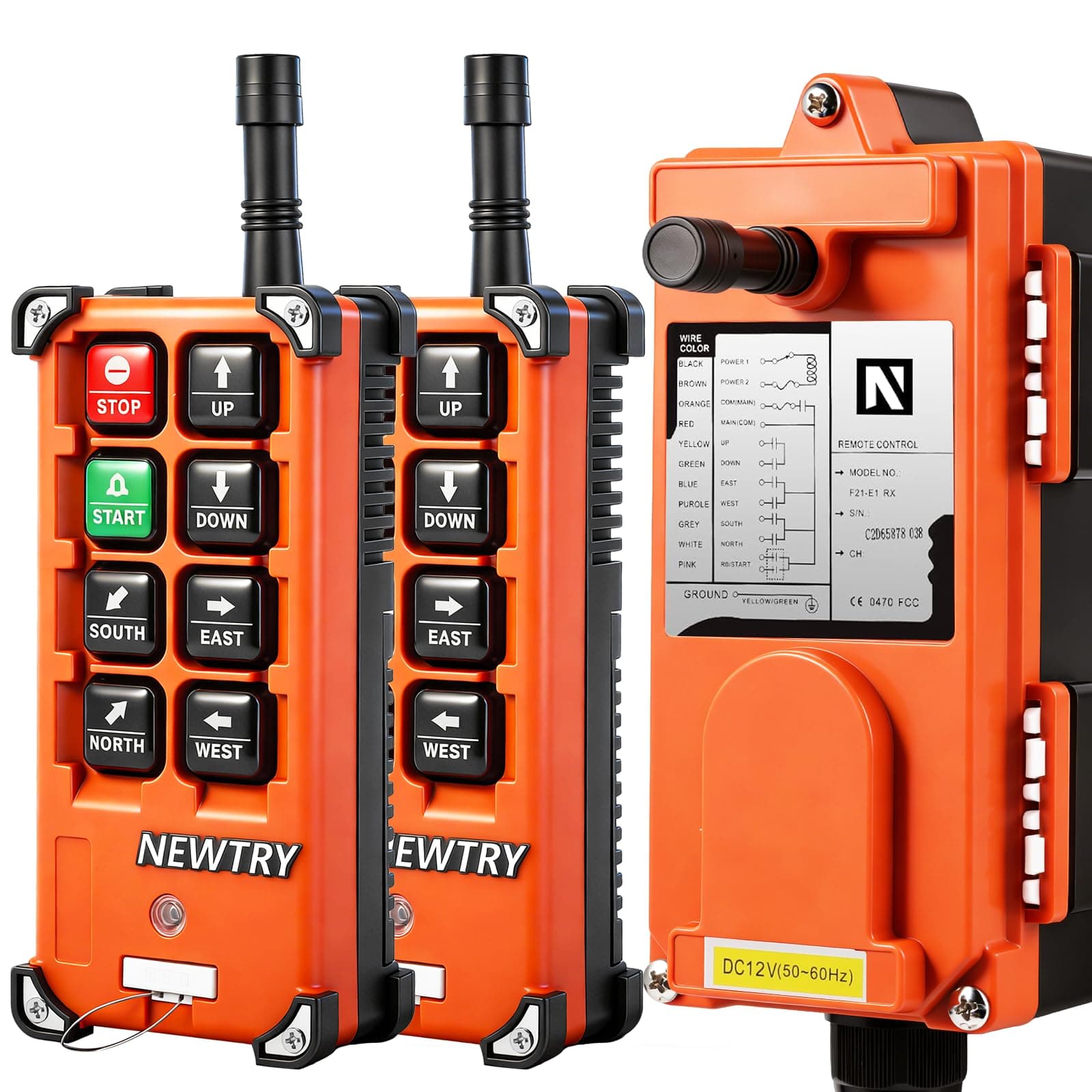 NEWTRY 8 Buttons Wireless Crane Remote Control 12V 2 Transmitters Industrial Channel Electric Lift Hoist Radio Switch Receiver (F21E1B Transmitter + DC 12V Receiver)