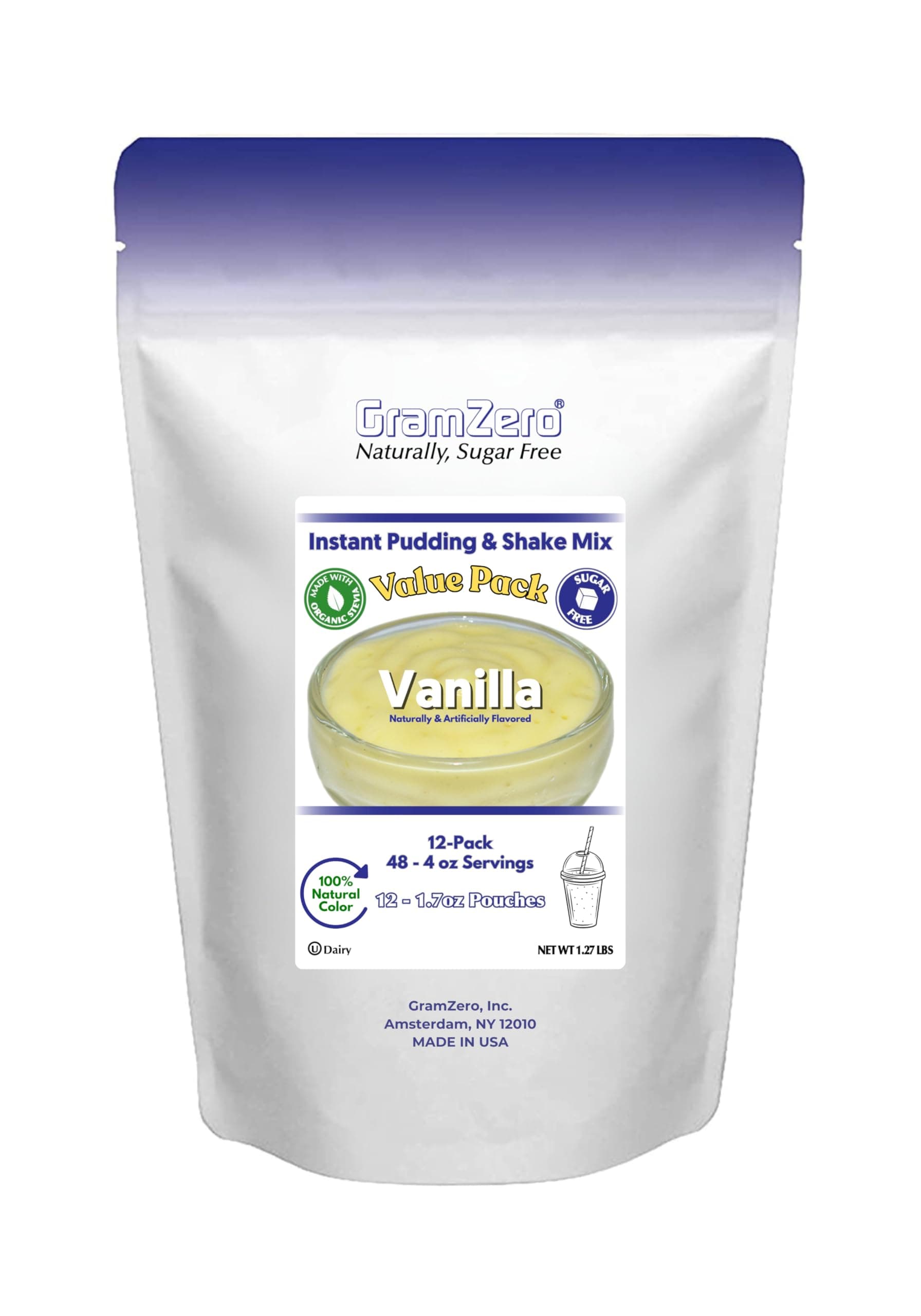 Natural Color VANILLA Sugar Free Pudding Mix 12-Pack, Great For Nutrition Club Meal Replacement Shakes, Low Calorie Dessert, Stevia Sweetened