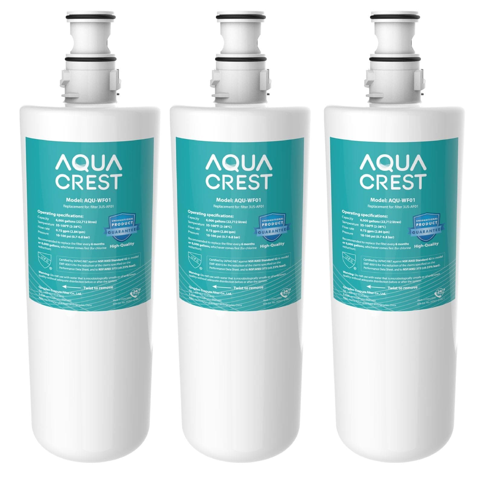 AQUA CREST 3US-AF01 Under Sink Water Filter, Replacement for Standard Filtrete® 3US-AF01, 3US-AS01, Aqua-Pure AP Easy C-CS-FF, WHCF-SRC, WHCF-SUFC, WHCF-SUF, NSF/ANSI 42 Certified, Pack of 3
