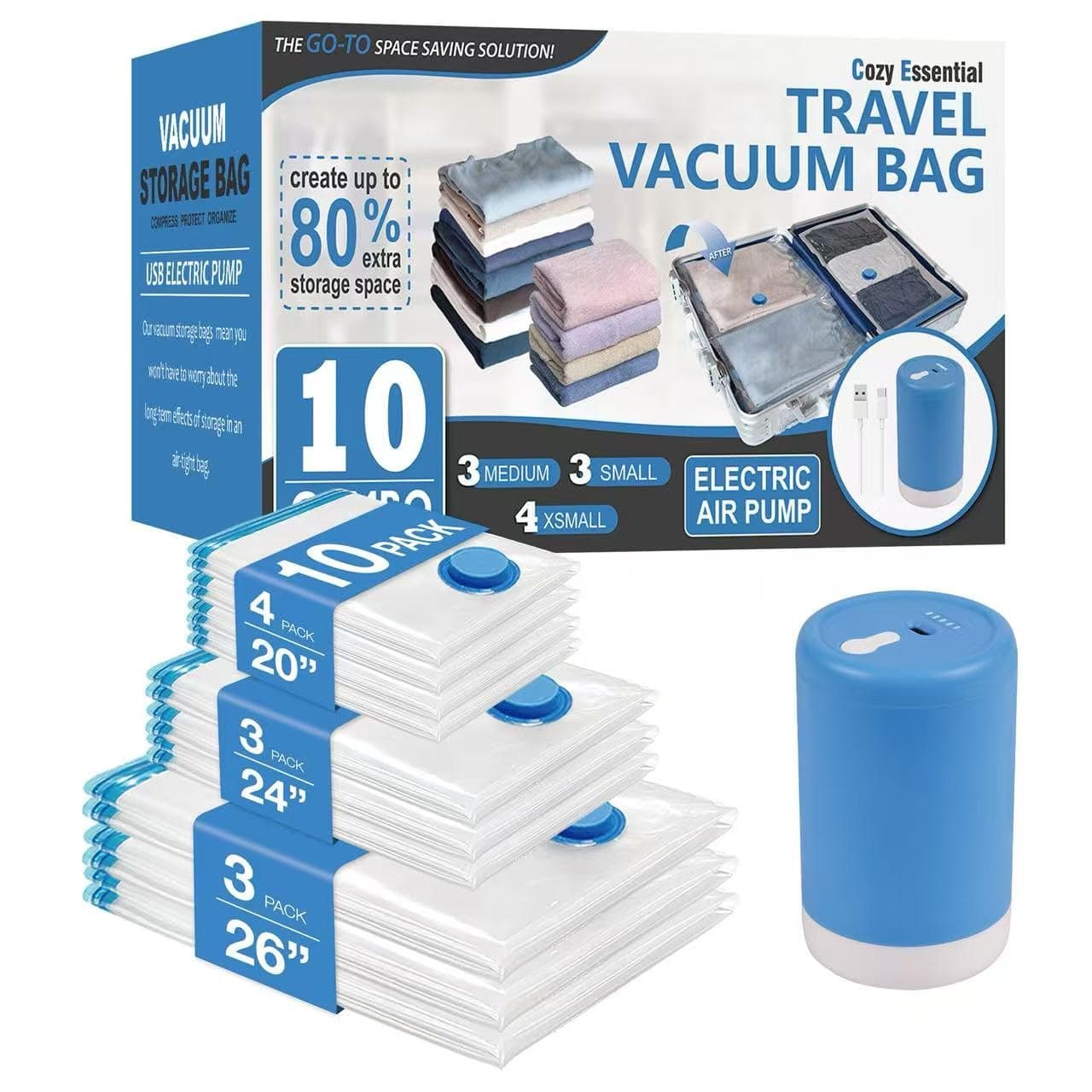 Cozy Essential Travel Vacuum Storage Bags with Rechargeable Cordless Electric Pump, Space Saver Bags for Luggage, Suitcase, Carry-On, for Clothes, Blankets, Comforters, Pillows, 10 Combo