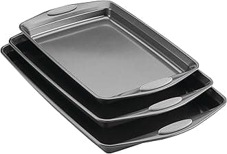 Rachael RayNonstick Bakeware Set with Grips, Nonstick Cookie Sheets/Baking Sheets - 3 Piece, Gray with Sea Salt Gray Grips