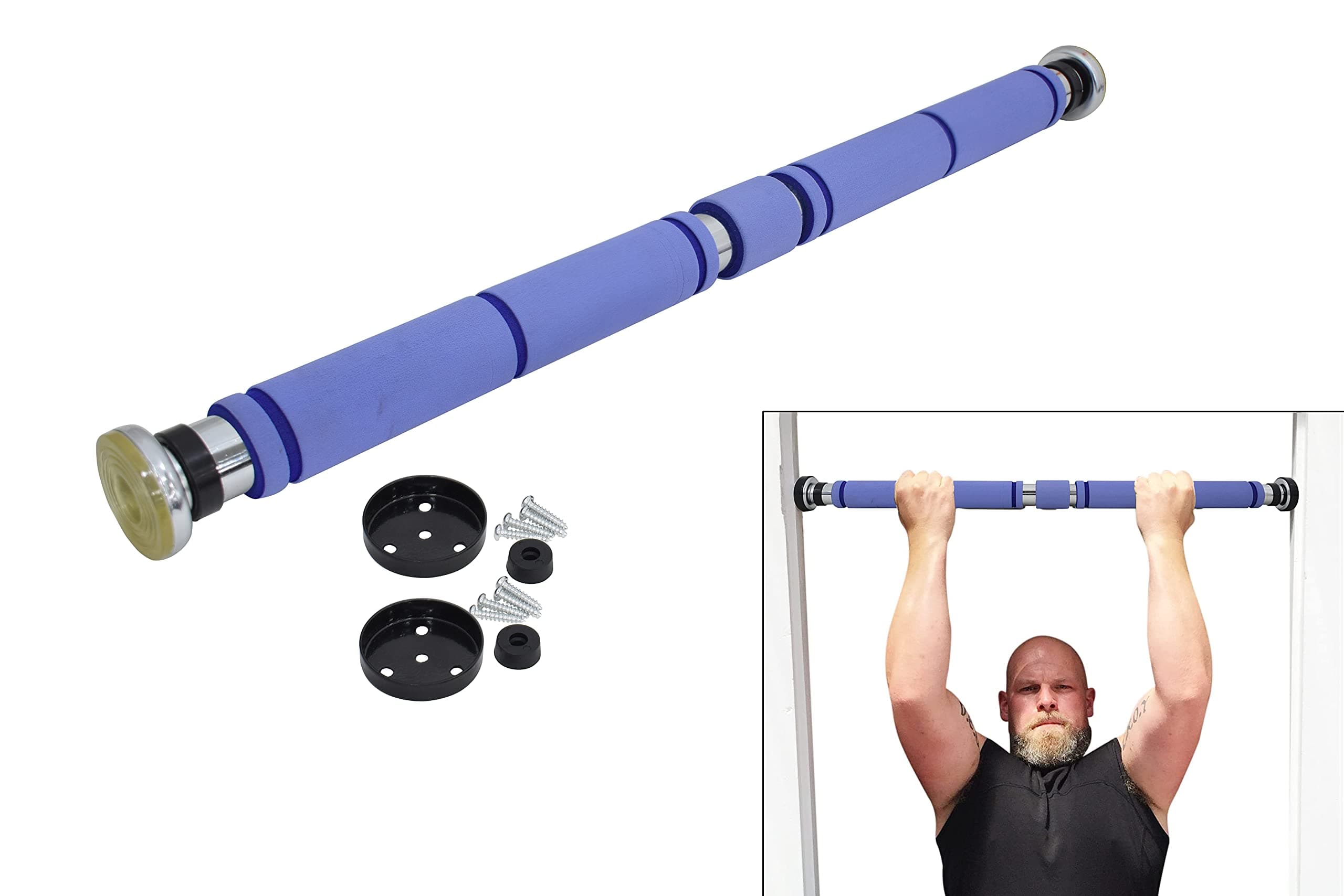 SKY LAND Adjustable Doorway Pull Up Bar | Chrome Steel Horizontal Chin Up Bar with Rubber Limiters & Screws | Multi-Use Fitness Bar for Home Gym, Push-Ups, Sit-Ups & Core Training EM-1813