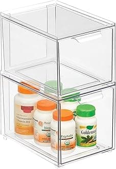 mDesign Plastic Bathroom Organizer Bin w/Pull Out Drawer - Slim Stackable Storage Container for Bathroom Accessories - Perfect for Organizing Bathroom Cabinet - Lumiere Collection - 2 Pack - Clear