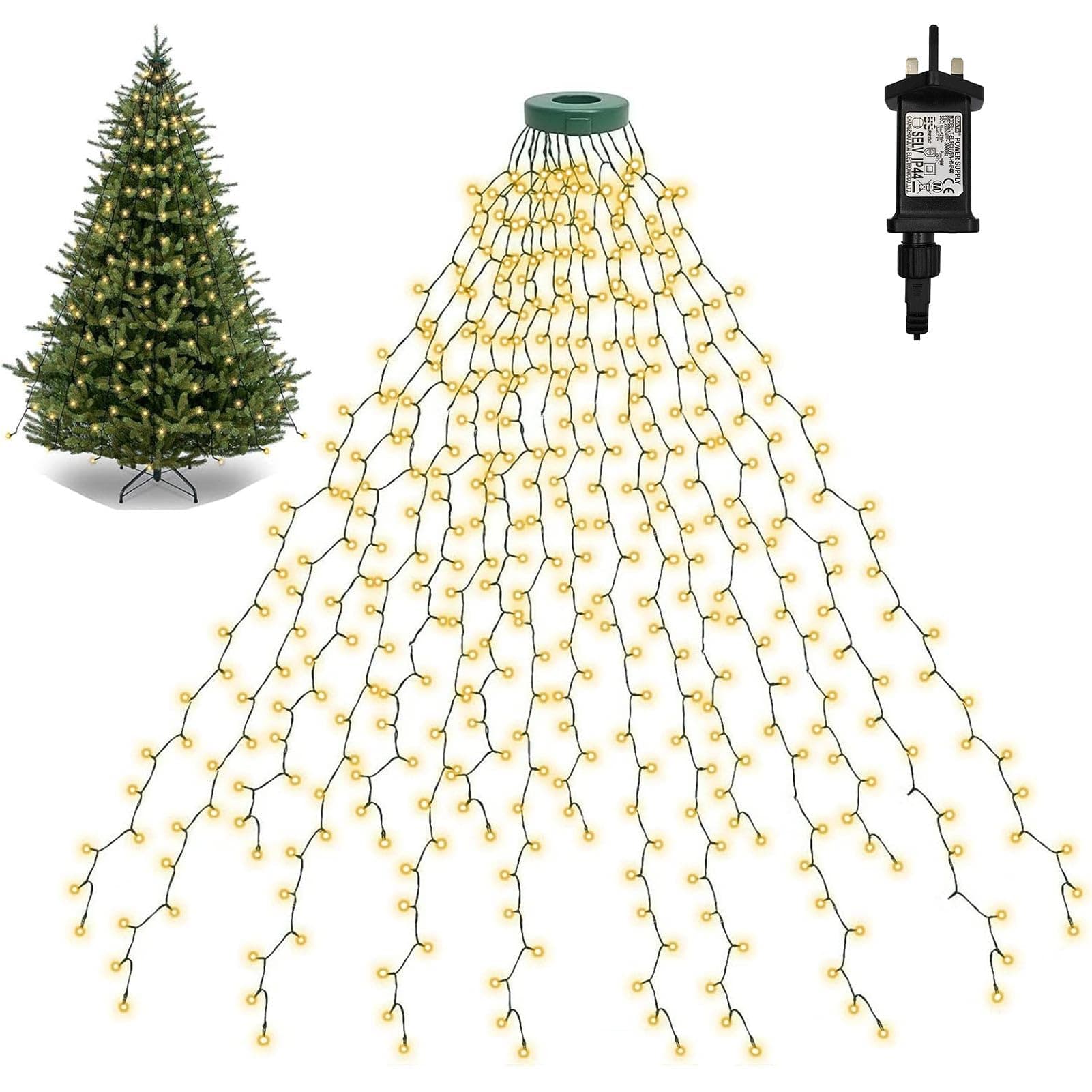 Christmas Tree Lights 400 LED 2Mx16 Drop Plug in Xmas Tree Net Lights with Ring, Timer, Cascading Twinkle Light 8 Modes Waterproof Waterfall String Light for Indoor Outdoor Decor - Warm White