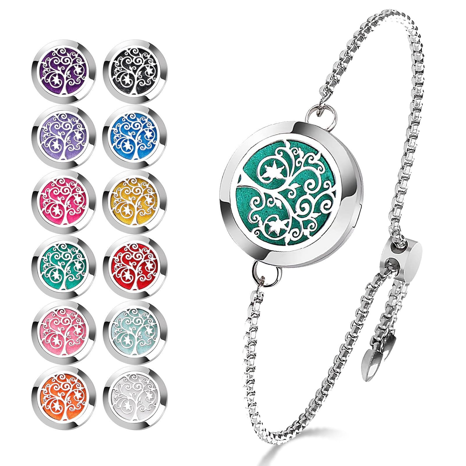 Essential Oil Diffuser Bracelet Stainless Steel Aromatherapy Locket Adjustable Diffuser Bracelet with 24pcs Refill Pads in 12 Assorted Colors Gift Set for Women(Tree of Hope)