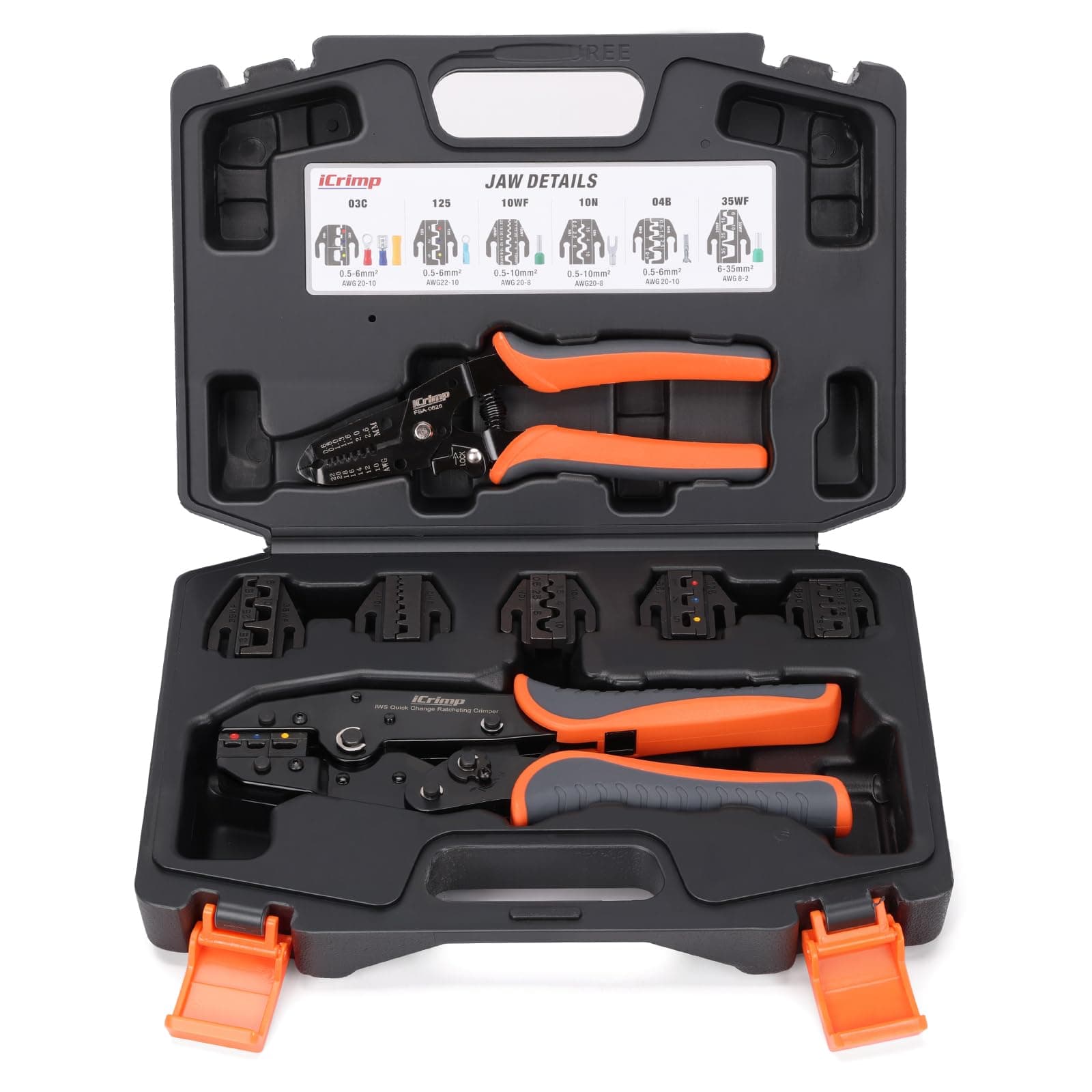 IWISS Ratcheting Crimping Tool Set 8 PCS - Quick Exchange Jaw for Heat Shrink, Non-Insulated, Open Barrel, Insulated and Non-Insulated Ferrules AWG 20-2
