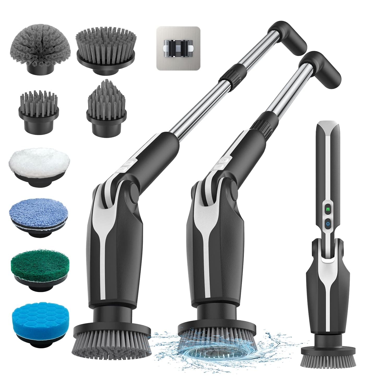 Leebein Electric Spin Scrubber, Shower Scrubber with 4 Adjustable Angles and 8 Brush Heads, Electric Scrubber with Long Handle & Remote Controller, Cleaning Brush for Bathroom, Tub, Floor (Black)