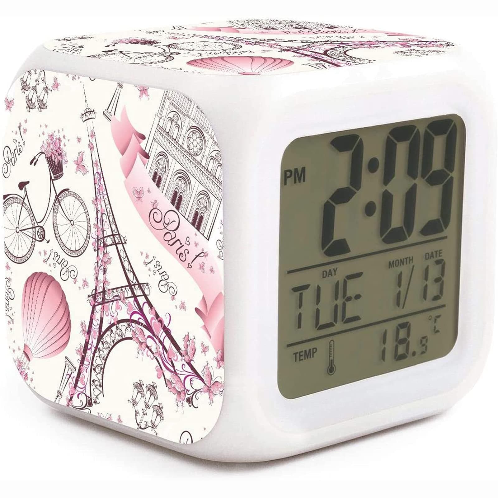 Romantic Paris Eiffel Tower Alarm Clock for Kids 7 LED Color Changing Wake Up Clock Home Decor Alarm Clock for Boy Girl Bedroom Digital Alarm Clock with Temperature Display