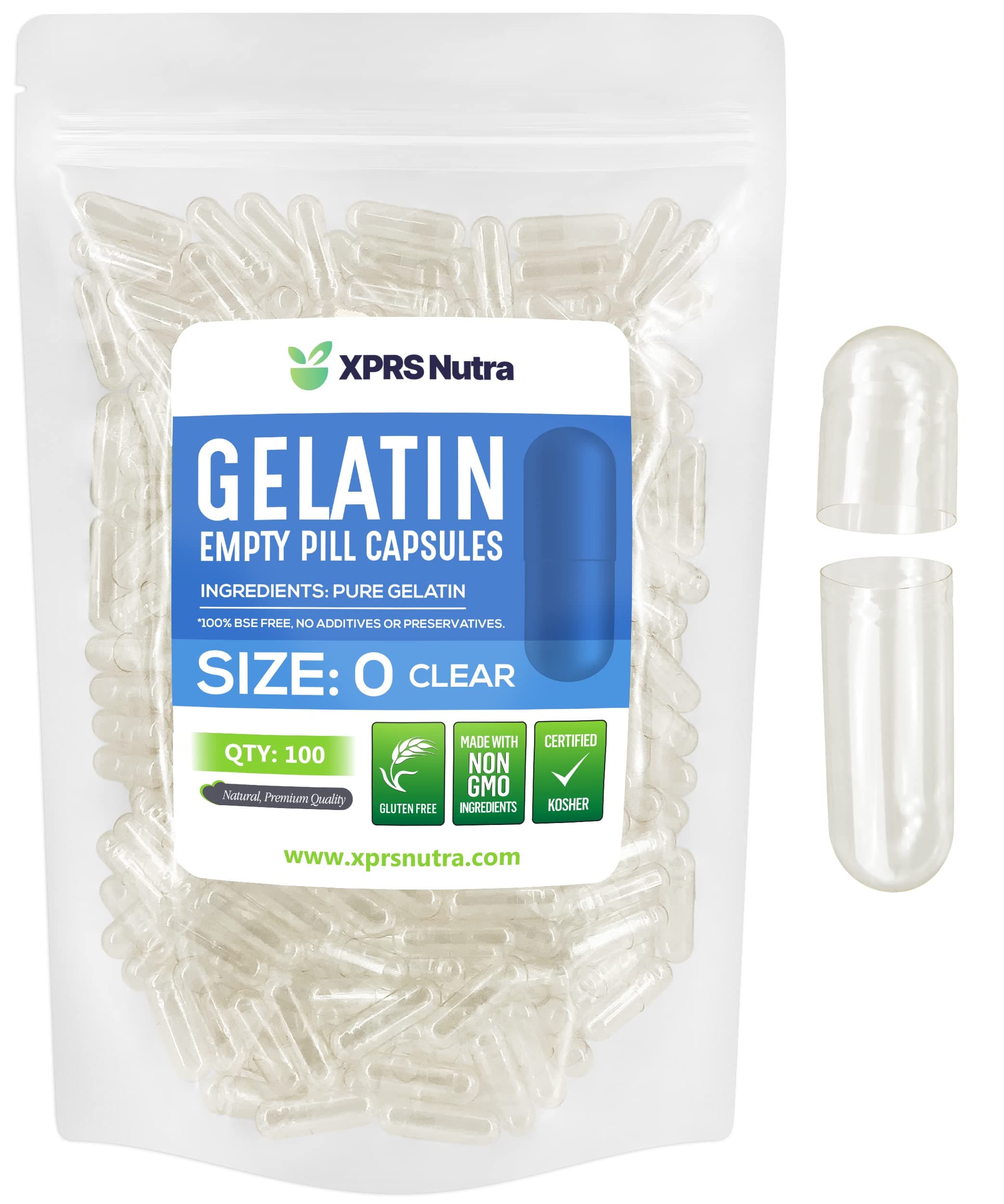Size 0 Clear Empty Gelatin Capsules 100 Count - Kosher and Halal - Pure Gelatin Pill Capsule - DIY Powder Filling - Fillable Gel Caps for Do-It-Yourself Supplements