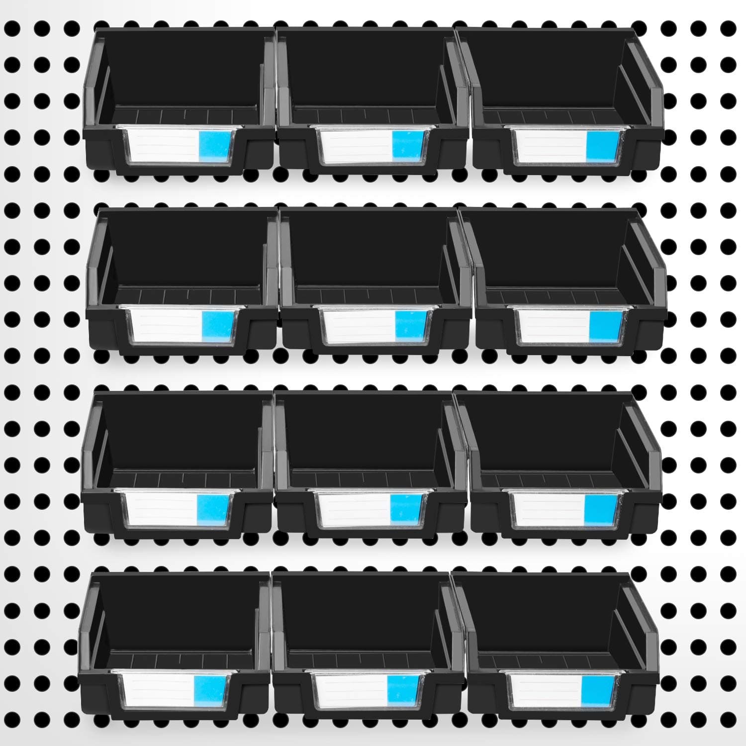 Oyeye 12 Pack Pegboard Bin Kit - Hooks to Any Peg Board - Organize Hardware, Accessories, Attachments, Workbench, Garage Storage, Craft Room, Tool Shed, Hobby Supplies, Small Parts (Black)