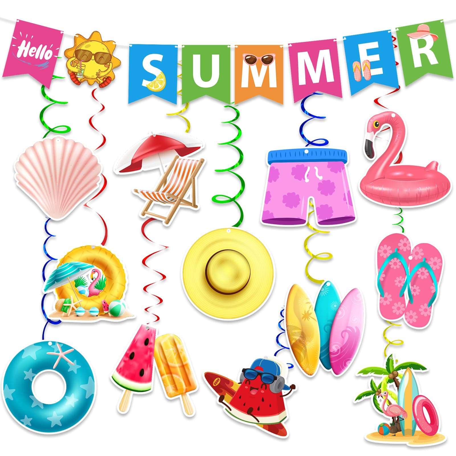 AinDen Hello Summer Party Decorations: 25 Pcs Beach Pool Theme Decorations Hanging Swirls and Banner for Kids Adults, Suit for Office Classroom Home Birthday