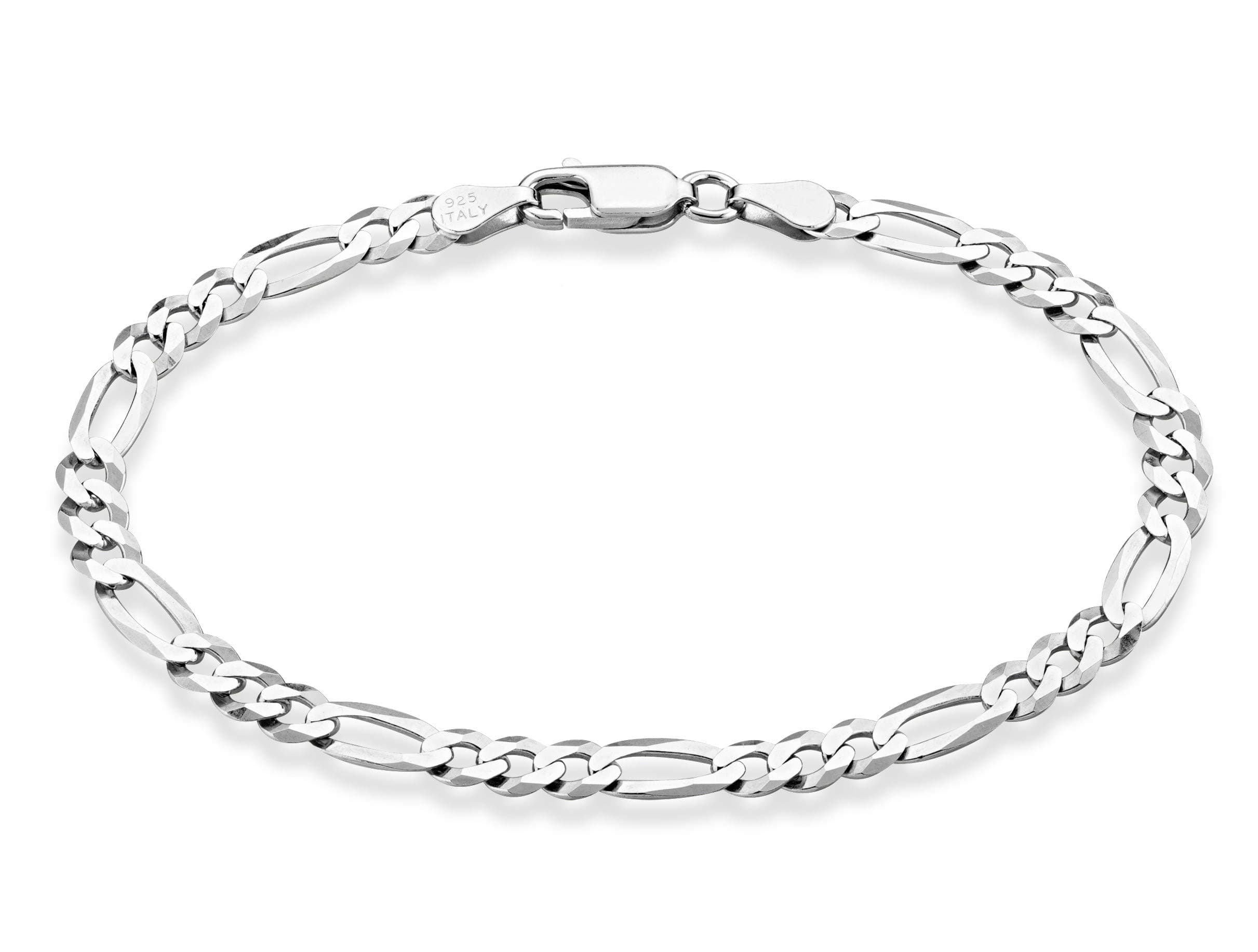 Solid 925 Sterling Silver Italian 5mm Diamond-Cut Figaro Chain Bracelet for Women Men, Made in Italy