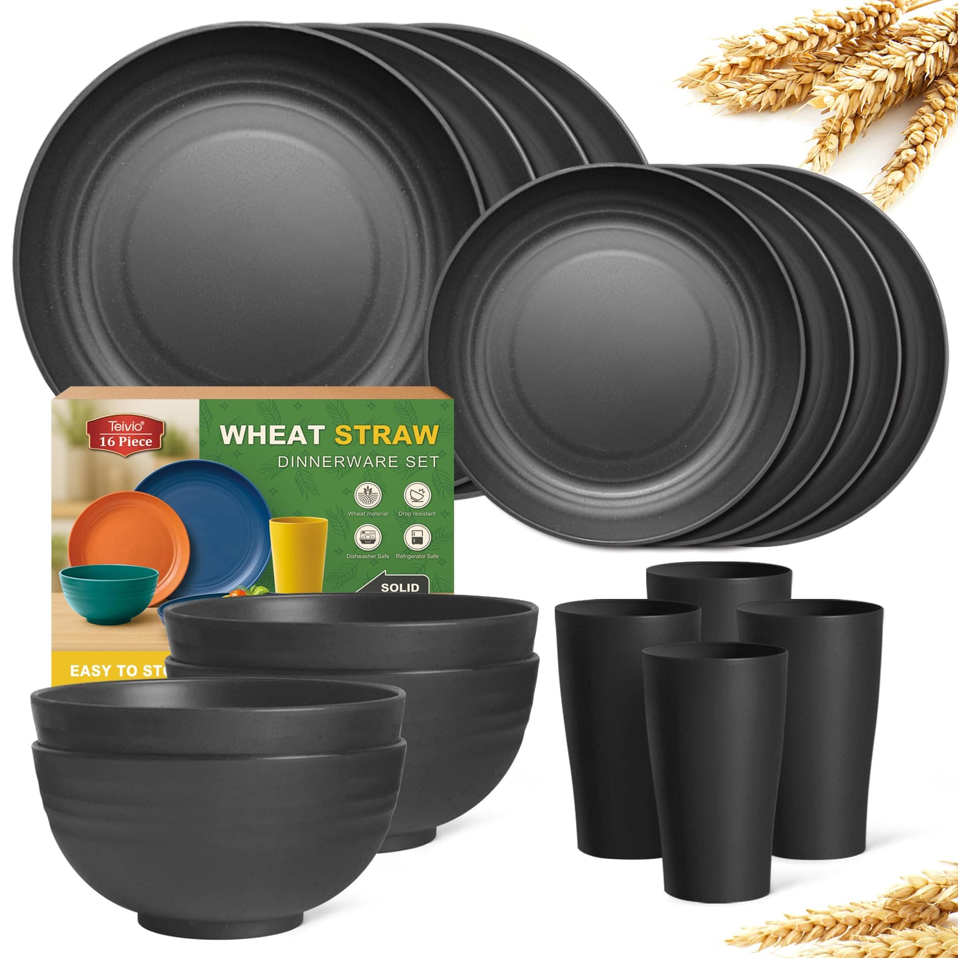 Teivio 16-Piece Kitchen Wheat Straw Dinnerware Set, Service for 4, Dinner Plates, Dessert Plate, Cereal Bowls, Cups, Unbreakable Plastic Outdoor Camping Dishes, Black