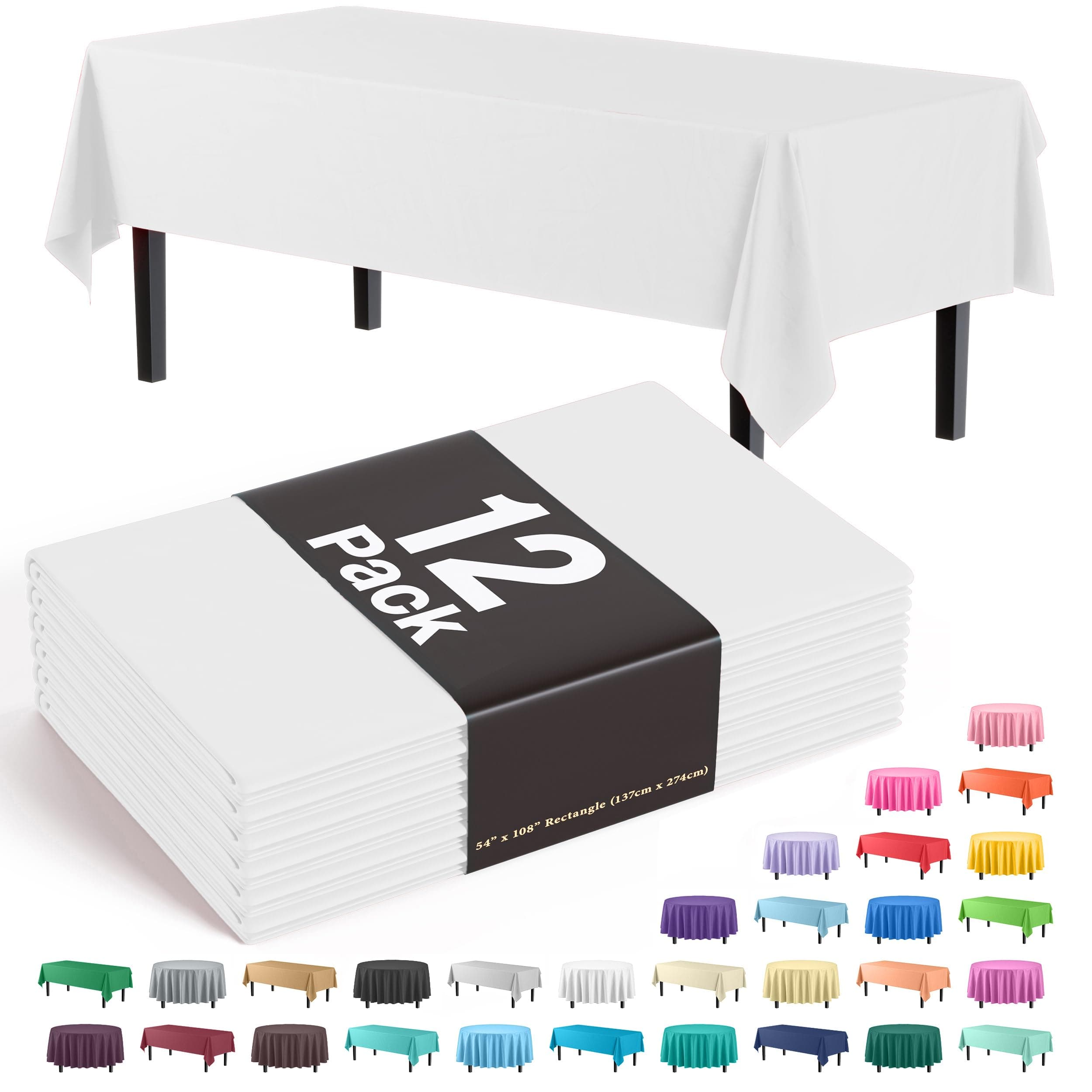 12-Pack Premium Plastic Tablecloth 54 Inch. x 108 Inch. Rectangle Table Cover-White