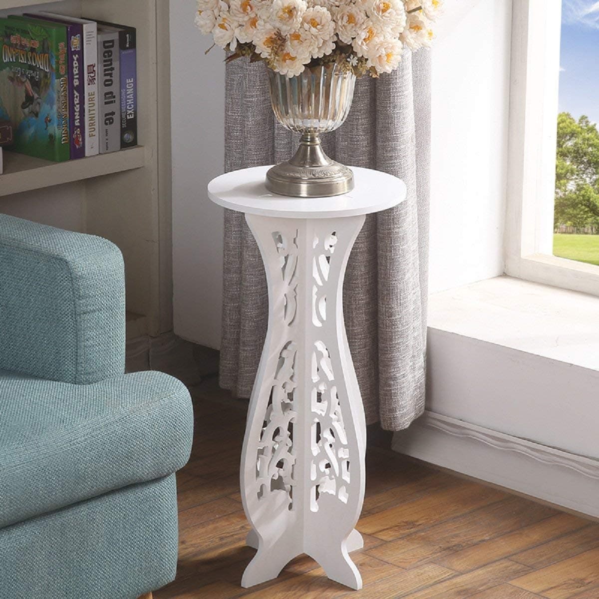 White Small Coffee Table Desk Wood Plastic Board Round Small Tea Corner Table Side End Occasional Lampe Plant Table Rack Stand Home Furniture Racks living room-60X40X31cm