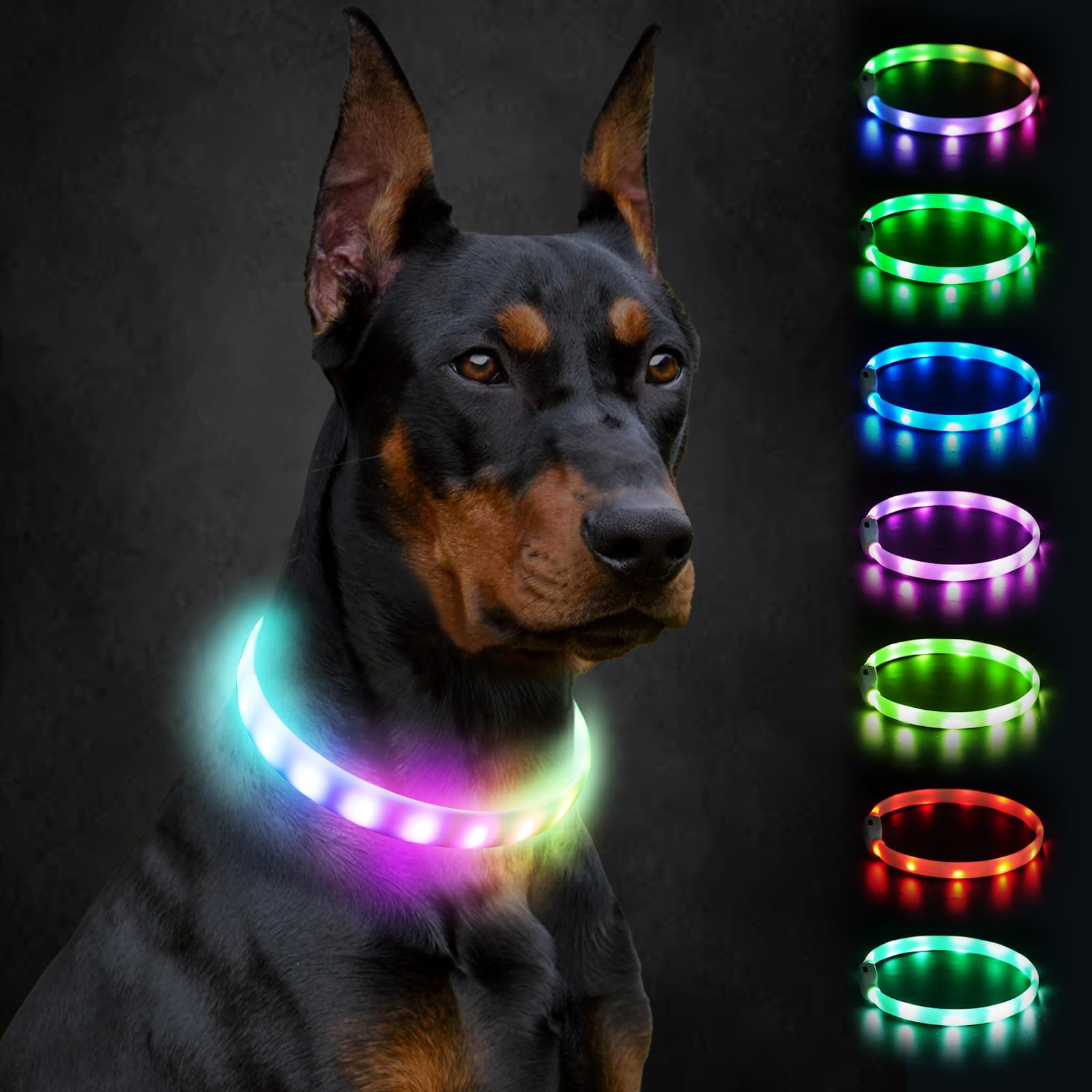 Light Up Dog Collar, Rainproof and Rechargeable LED, Cuttable Soft Silicone Collar for Large Medium Small Dogs, 9 Flashing Modes, 70 cm