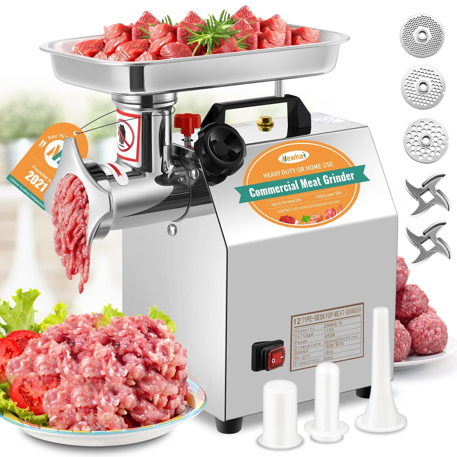Newhai 1.3HP Commercial Meat Grinder Electric Meat Grinding Machine Heavy Duty Industrial Meat Mincer Sausage Stuffer 3/6/8mm Grinding Plates Grinding Chicken Bones for Restaurant 950W 110V US
