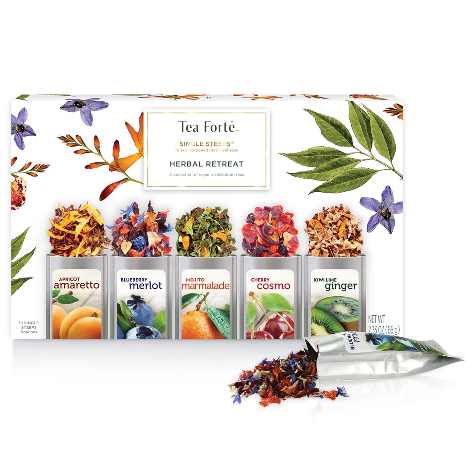 Tea Forte Single Steeps Loose Leaf Tea Sampler, Assorted Variety Tea Box, 15 Single Serve Pouches, Herbal Retreat Tea