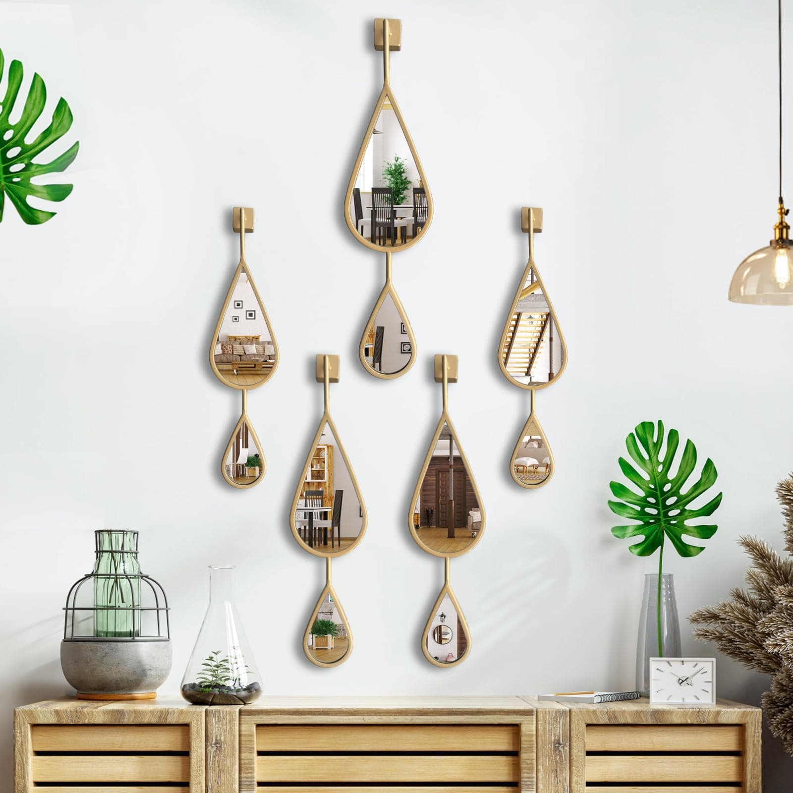 BAODANFU Wall Mirror Decorative Mirrors Mounted Decor Tear Drop Shape Gold for Bedroom Living Room Entryway Bathroom Vanity Brassy Gold Metal Frame, 5-Pack Mirrors Set