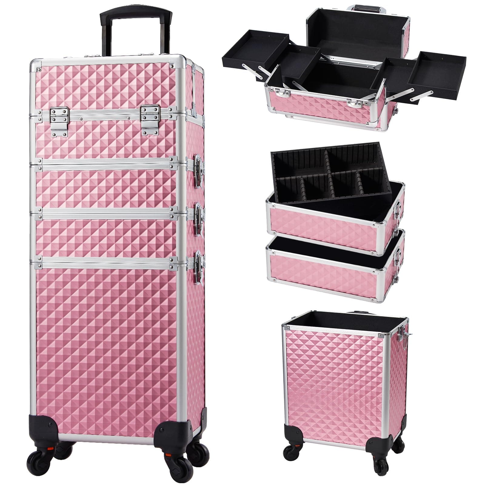 Stagiant Rolling Makeup Train Case Cosmetology Case on Wheels 4 in 1 Large Cosmetic Organizer Box Makeup Travel Case with Key Swivel Wheels Nail Artist Salon Storage Traveling Cart Big Trunk Pink
