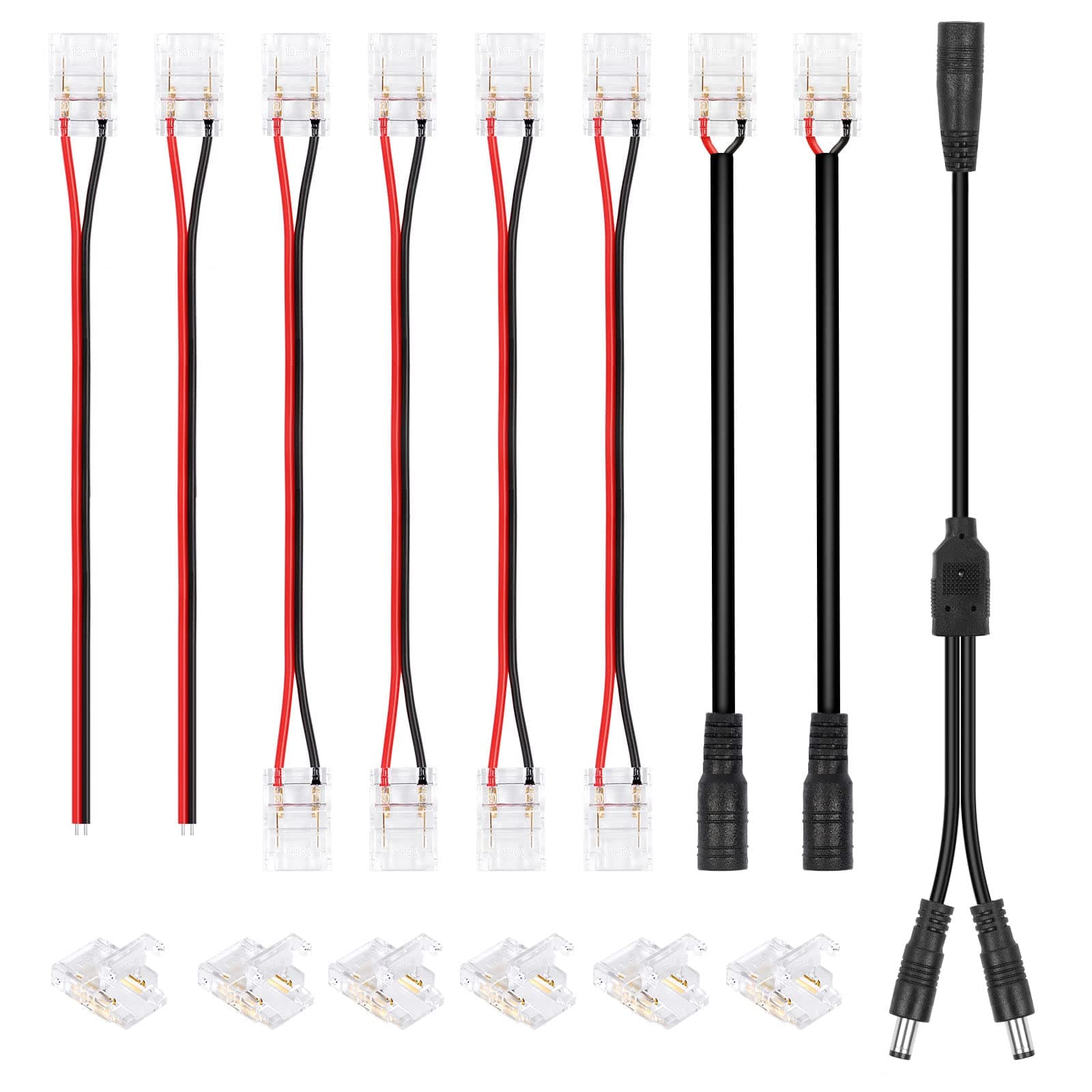 HitLights LED Strip Connector 2Pin 10mm Connector Kit Include Gapless Connector, Jumper Connectors, Pigtail Connector, DC Female and Connector, DC Jack Splitter for COB/2835 Single Color LED Strips
