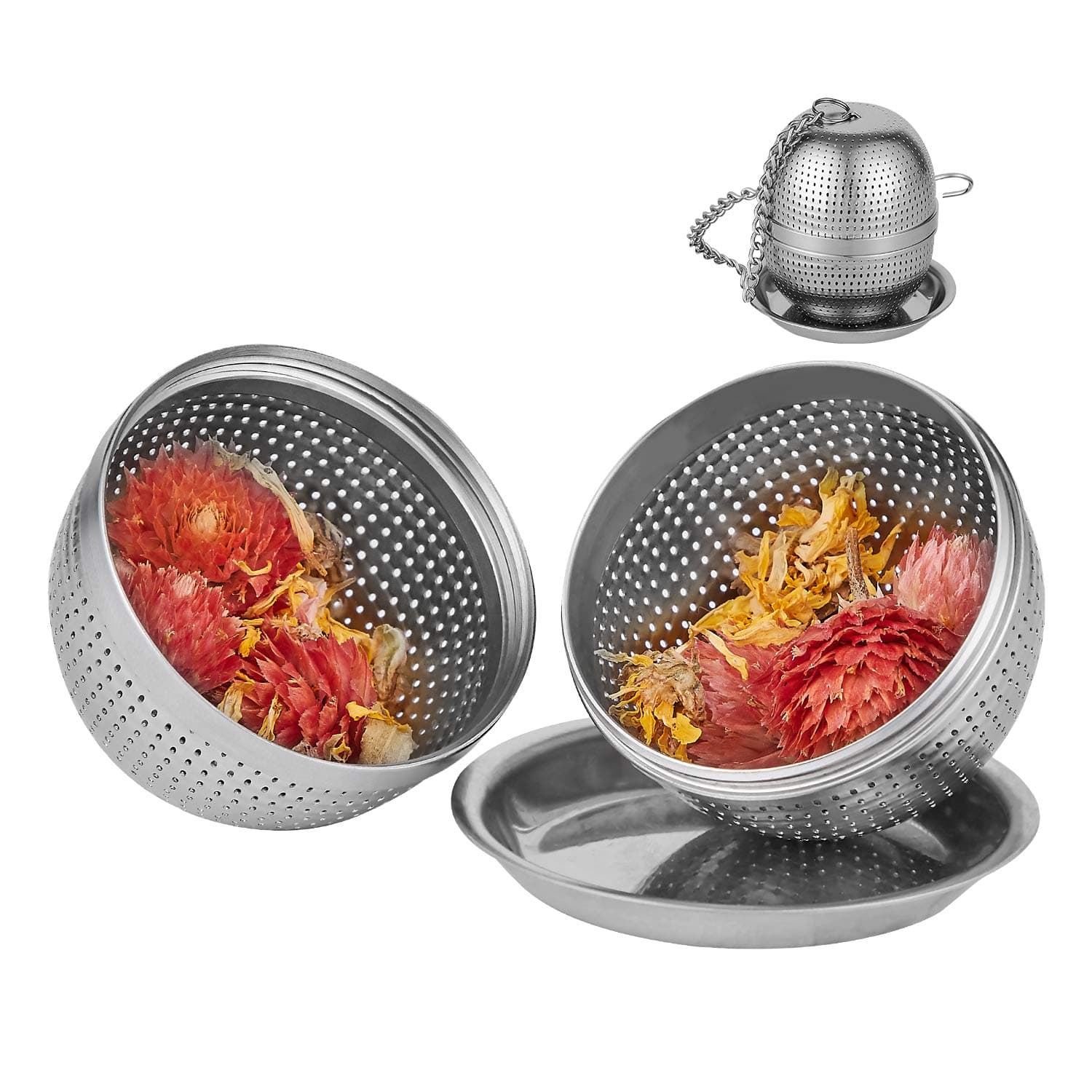 Tea Infuser Ball,Tea Strainer Ball for Loose Leaf Tea, Spice Infuser Stainless Steel Mesh, Fine Threaded Connection, 4.3 inch Chain with Drip Tray