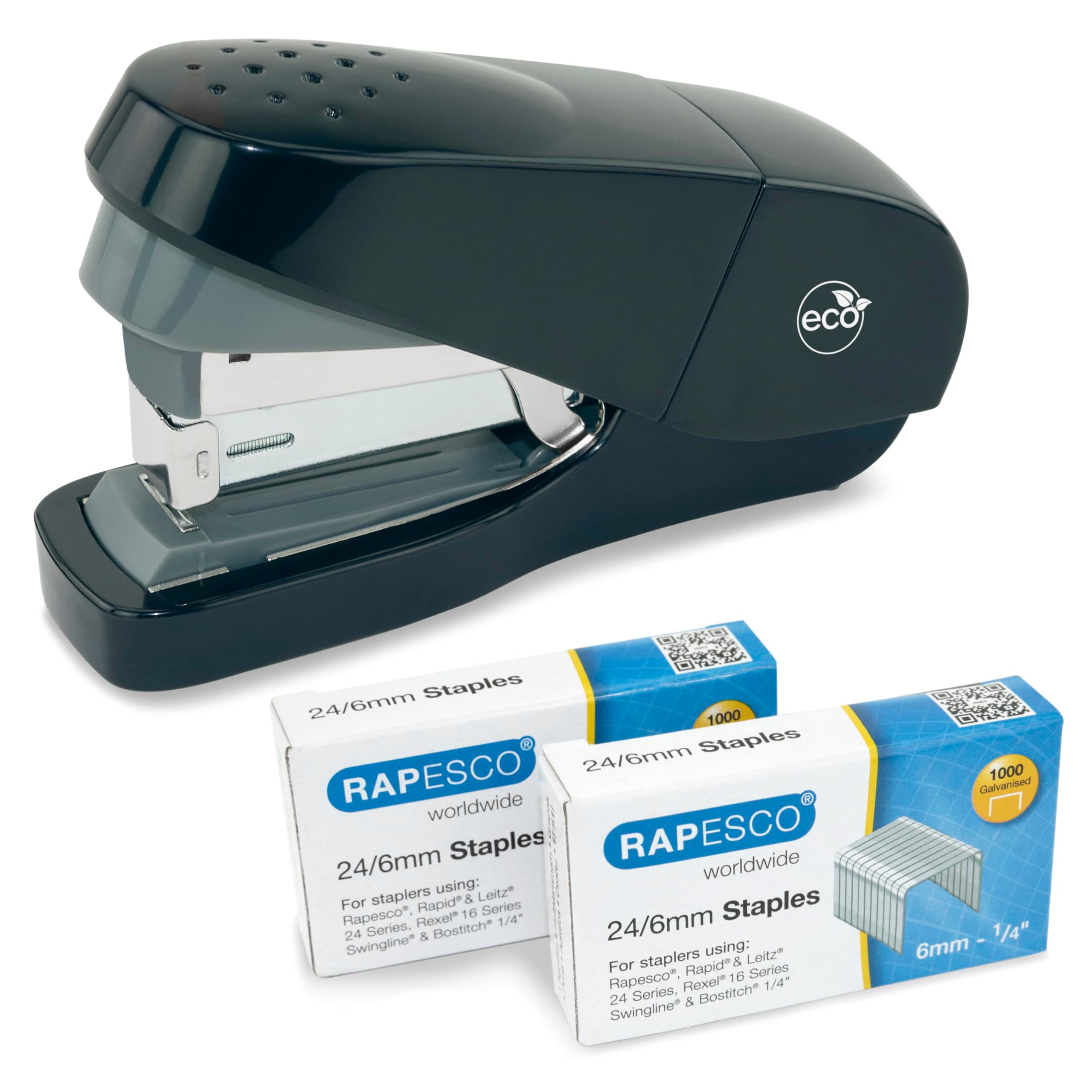 1688 ECO Flat Clinch Stapler with 2000 Staples Type 24/6mm High Capacity (1/4"), Less Effort, 35 Sheet Capacity, Non-Slip Desktop Stapler, Handle Grip, Top-Loading, Half-Strip, Black