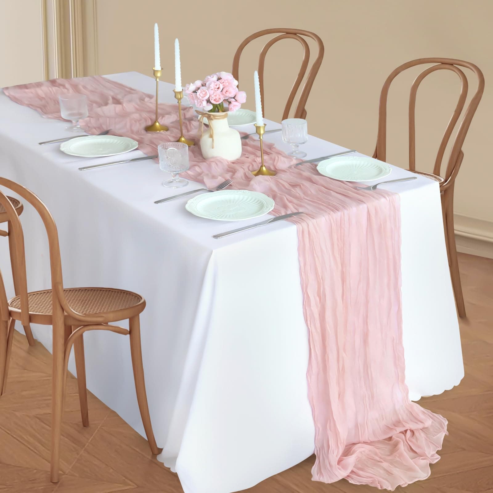 Miucat Cheesecloth Table Runner, 10FT Dusty Pink Gauze Table Runner Extra Long Rustic Crinkle Table Runner 35*120inch for Wedding Bridal Shower Birthday Party Table Centerpiece Decorations