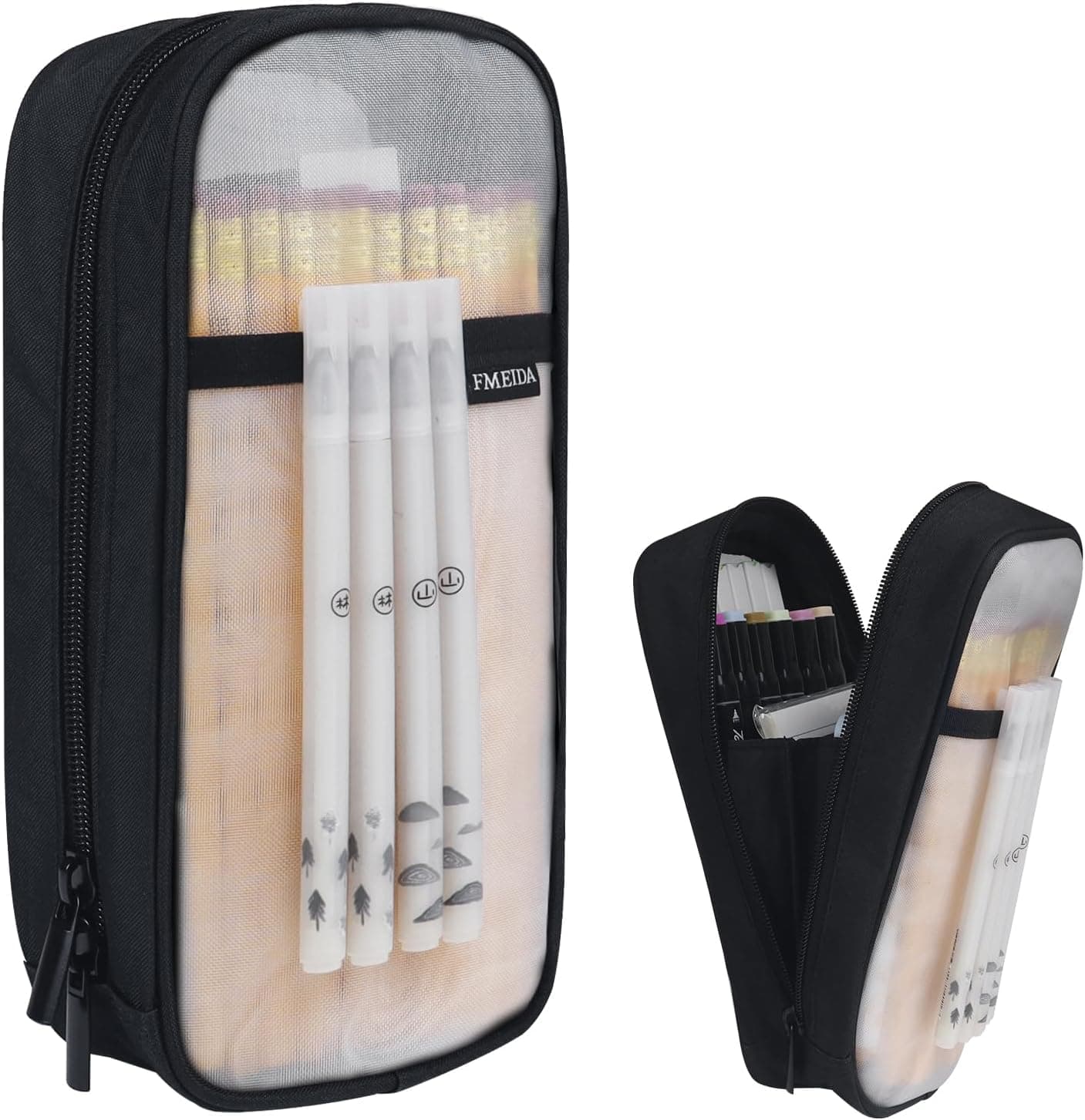 Grid Mesh Pencil Case - Upgraded 4 Compartment Pencil Pouch, Clear Adult Pencil Bag Aesthetic Marker Pouch Stationary Bag Office Organizer for College Business Travel - Black&White