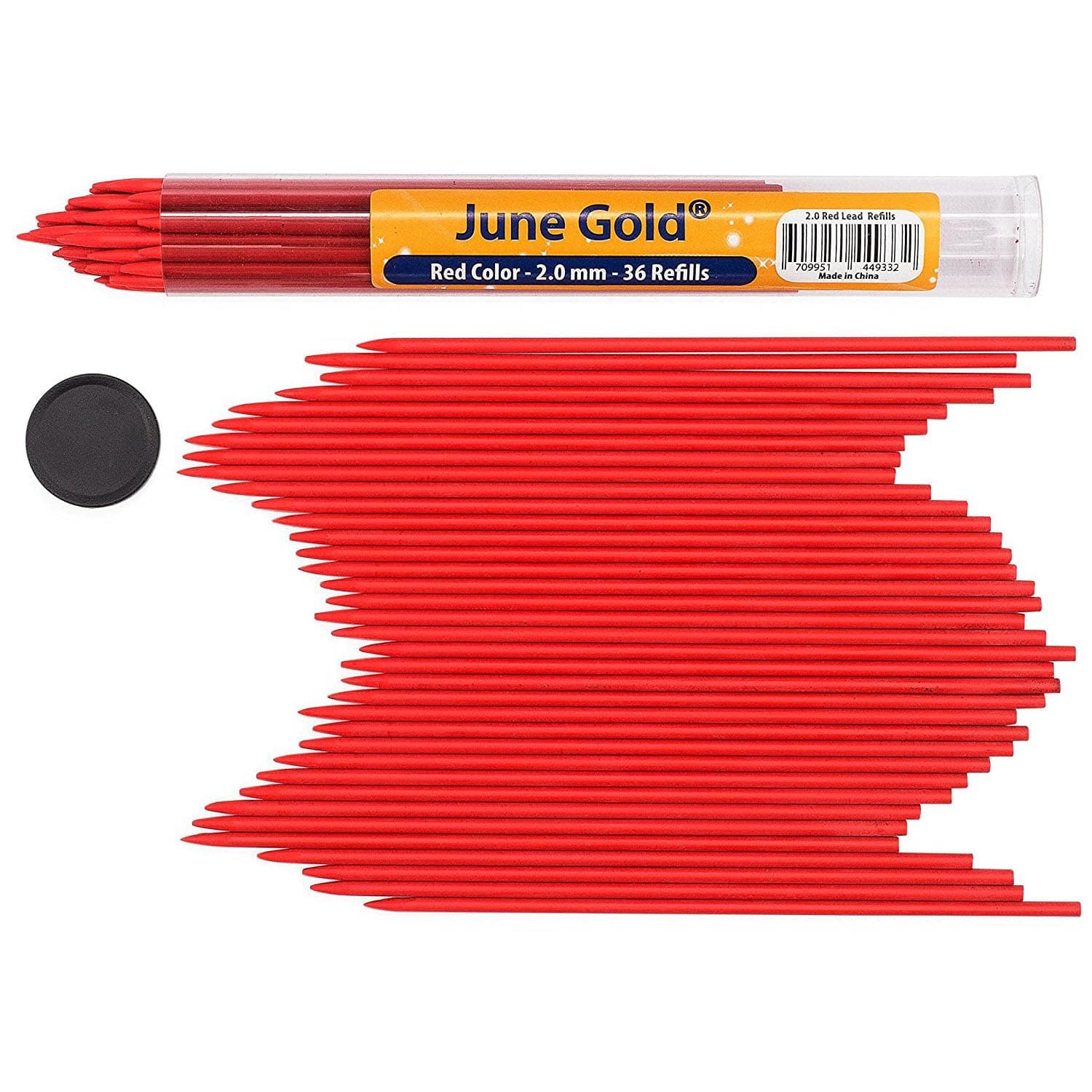 June Gold 36 Red (Cherry #101) Colored 2.0 mm Lead Refills, Bold Thickness for Heavy Use, Break Resistant with a Convenient Dispenser