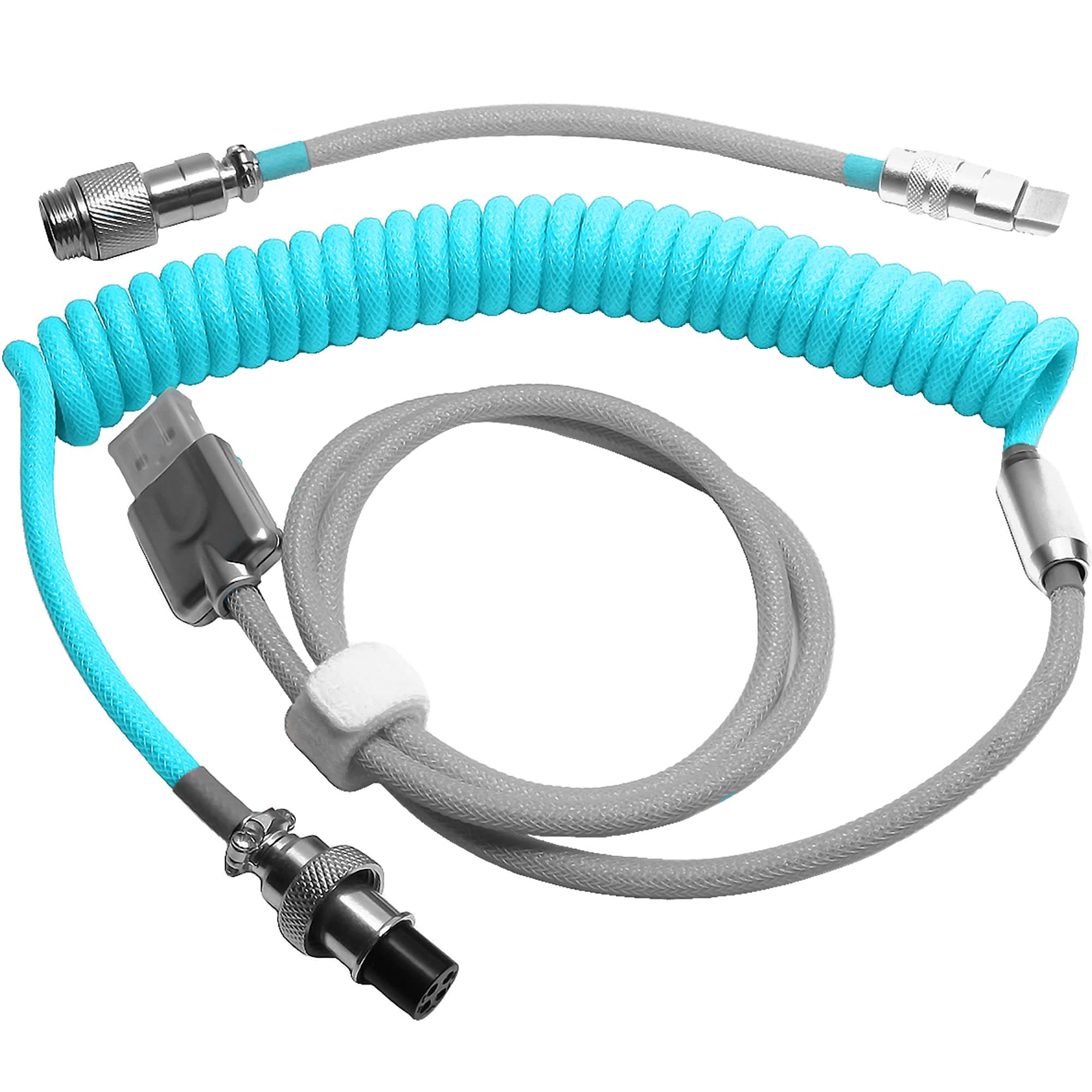 NEBULABS 5ft Keyboard Cable Gaming PC's Mechanical Aviator Classic Coiled Cable USB-C Cable, Customized Metal Plug with Detachable Connector, USB-C GX-16 Mod Pro USB-A to USB-C – Gray & Blue