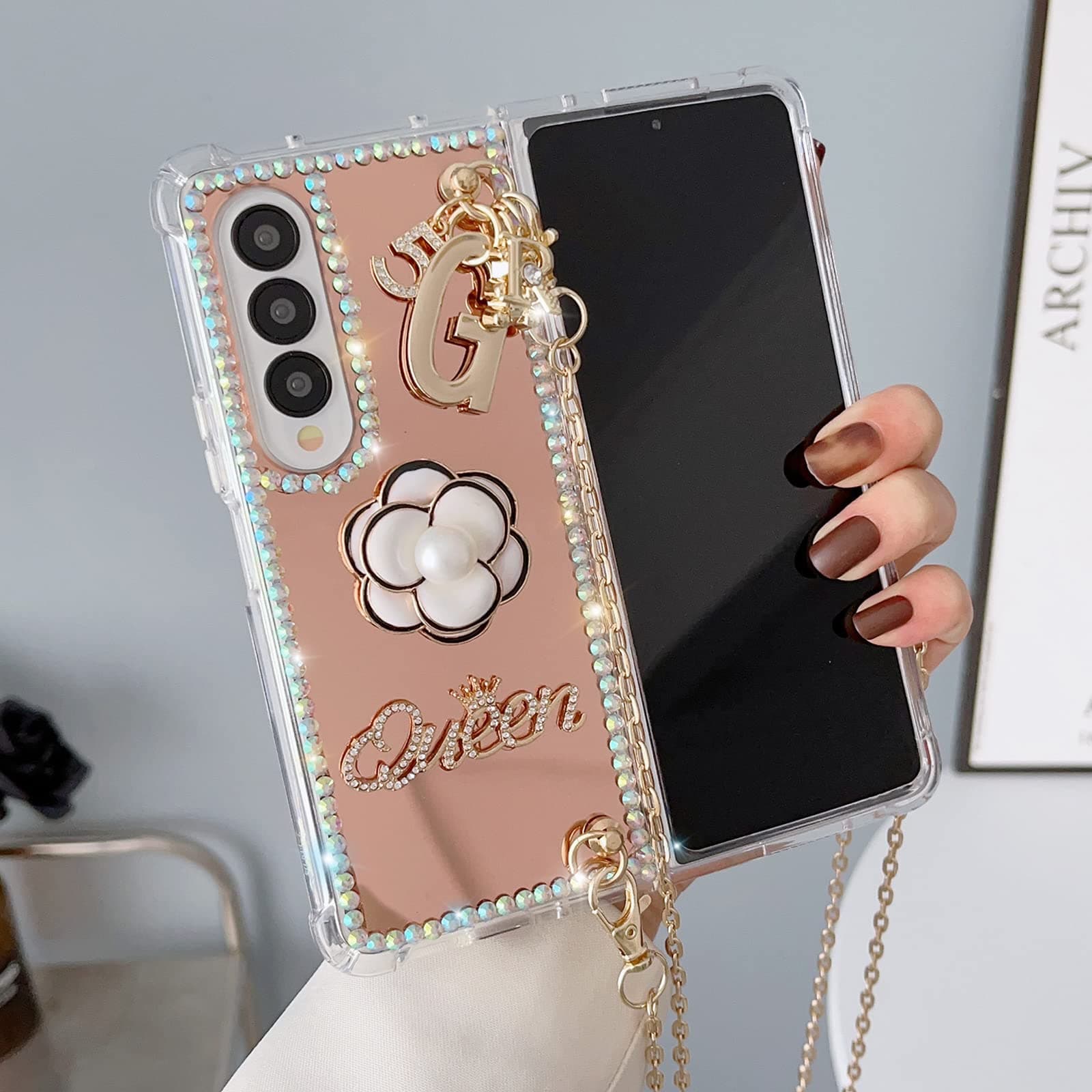 Omio for Samsung Galaxy Z Fold 4 5G Mirror Case with Crossbody Lanyard Luxury 3D Sparkle Crystal Diamond Bling Glitter Cute Slim Makeup Hard PC Phone Case for Galaxy Z Fold 4 Women Girls, Gold