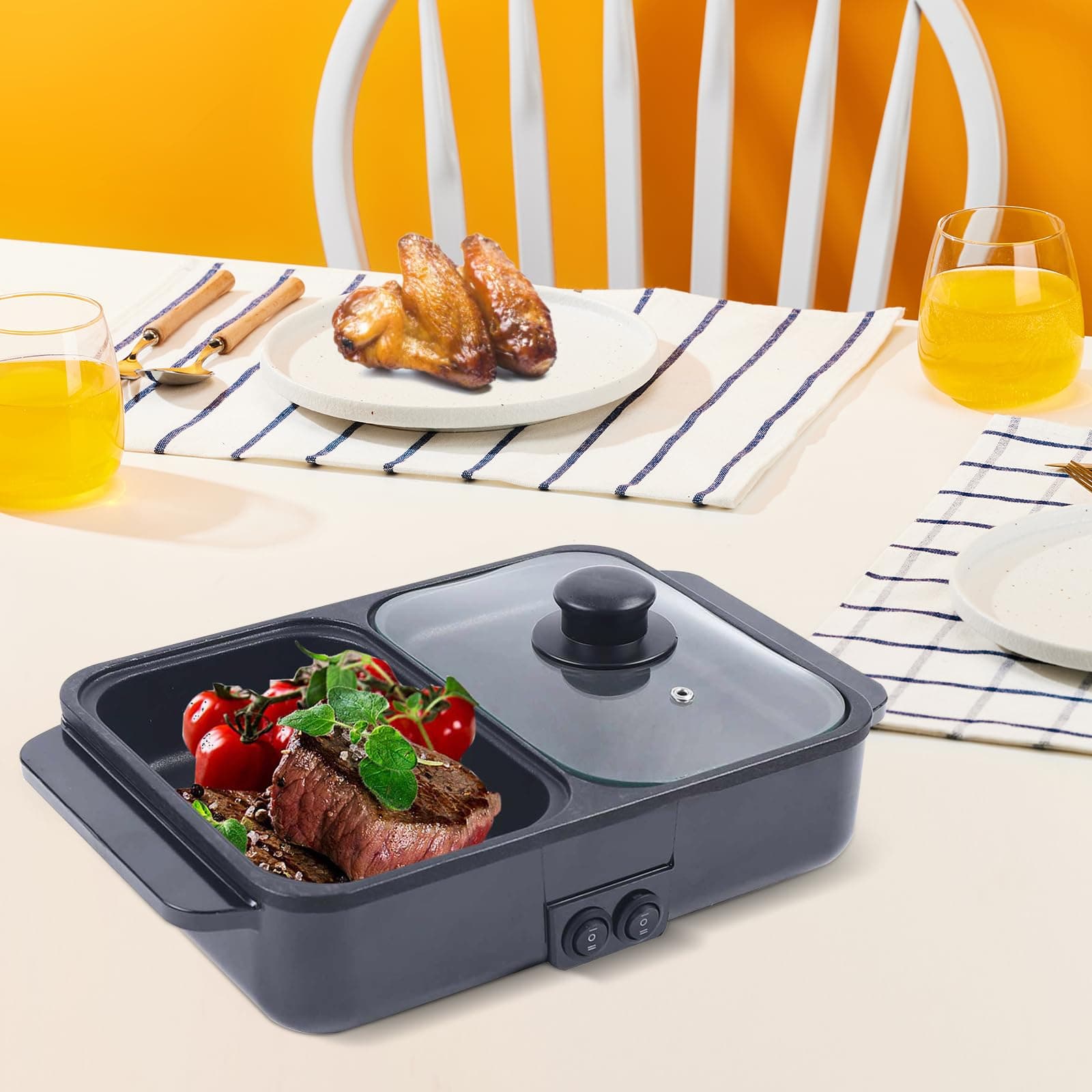 Hot Pot with Grill, Electric Hot Pot and Frying Pan, Shabu Shabu Pot with Grill, 2 in 1 Indoor NonStick Shabu Shabu Pot and Griddle, Dual Temperature Control, Fast Heating for BBQ Steak Noodles(Black)