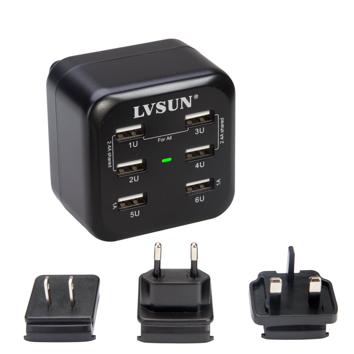 LVSun 6 Port USB Wall Charger - Compact, 3 Interchangeable Plugs Ideal for Travel - Fit for iPhone iPad, Samsung Galaxy, HTC Nexus Moto Blackberry, Bluetooth Speaker Headset, Power Bank and More