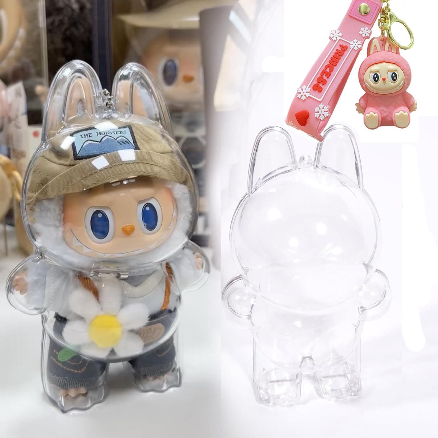 Labubu Case Protective Case for Labubu Plush Doll Keychain Acrylic Display Case Clear Cover for Figure Plastic PVC Storage Box (Standing)