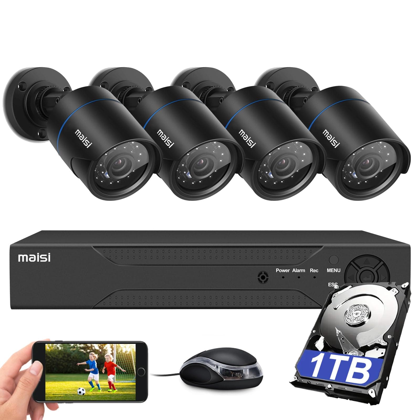 Maisi HD CCTV Camera System, 8 Channel 3K Security DVR with 4PCS 5MP Outdoor Bullet Cameras and 1TB Hard Drive (2560x1920p, Night Vision (4 Cam)
