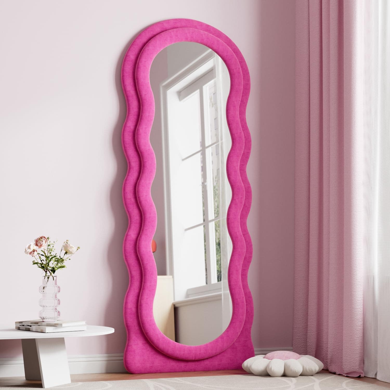 Dewfig Full Length Mirror, 63" x 24" Irregular Wavy Mirror, Large Floor Length Mirrors Wall Mounted, Standing Wavy Mirrors with Flannel Wrapped Wooden Frame for Bedroom/Living Room, Hot Pink