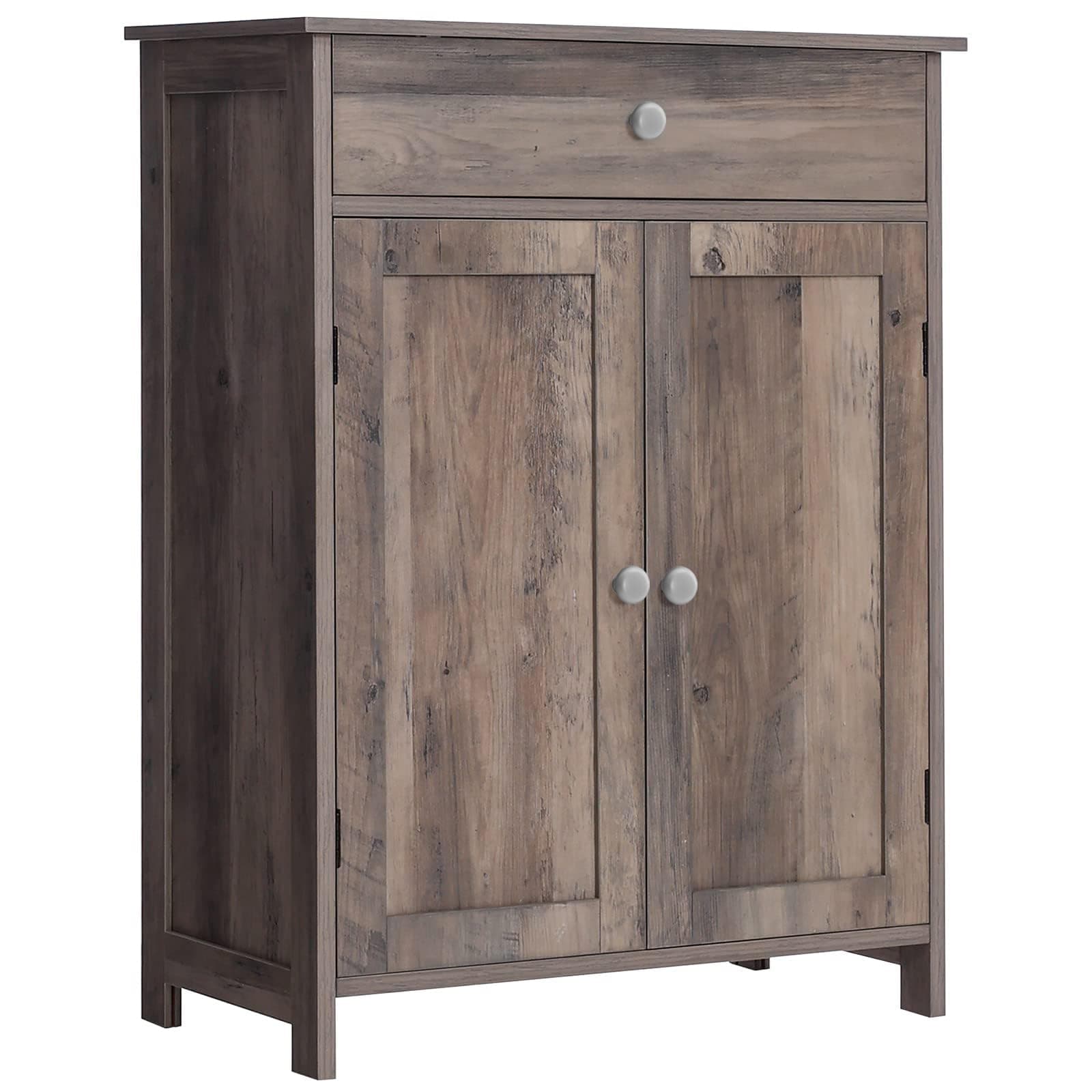 Iwell Rustic Oak Storage Cabinet, 2 Doors, 1 Drawer, 2 Shelves, Freestanding, 23.6"L x 11.8"W x 31.6"H, Bathroom, Living Room, Kitchen, Entryway