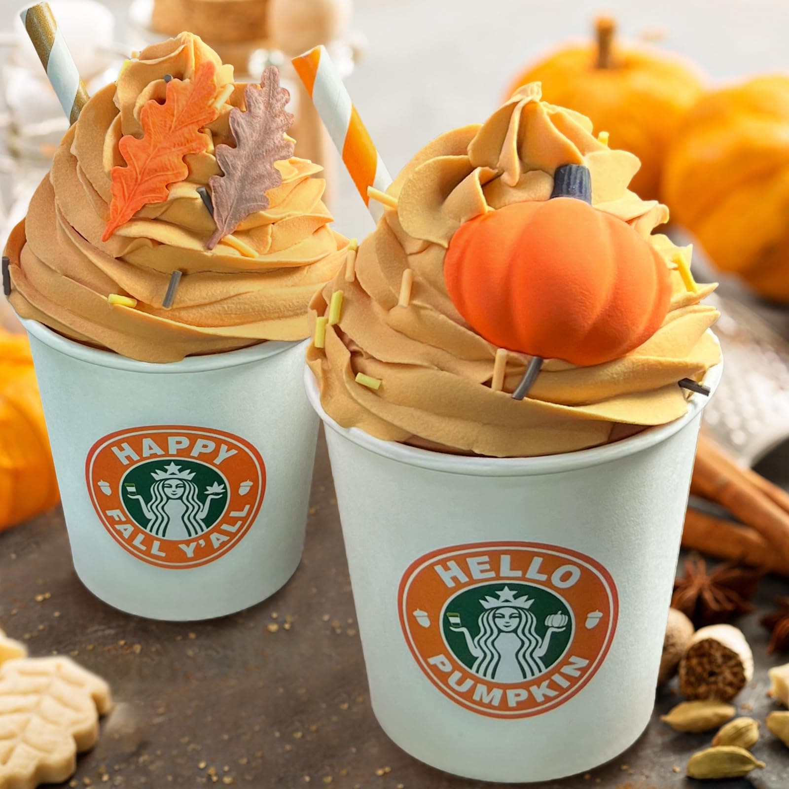 Fall Decor - Fall Decorations for Home - 2 Pack Mini Pumpkin Spice Latte Cups with Faux Whipped Cream - For Autumn Tiered Tray Thanksgiving Farmhouse Table - Gifts for Women Warming New Home