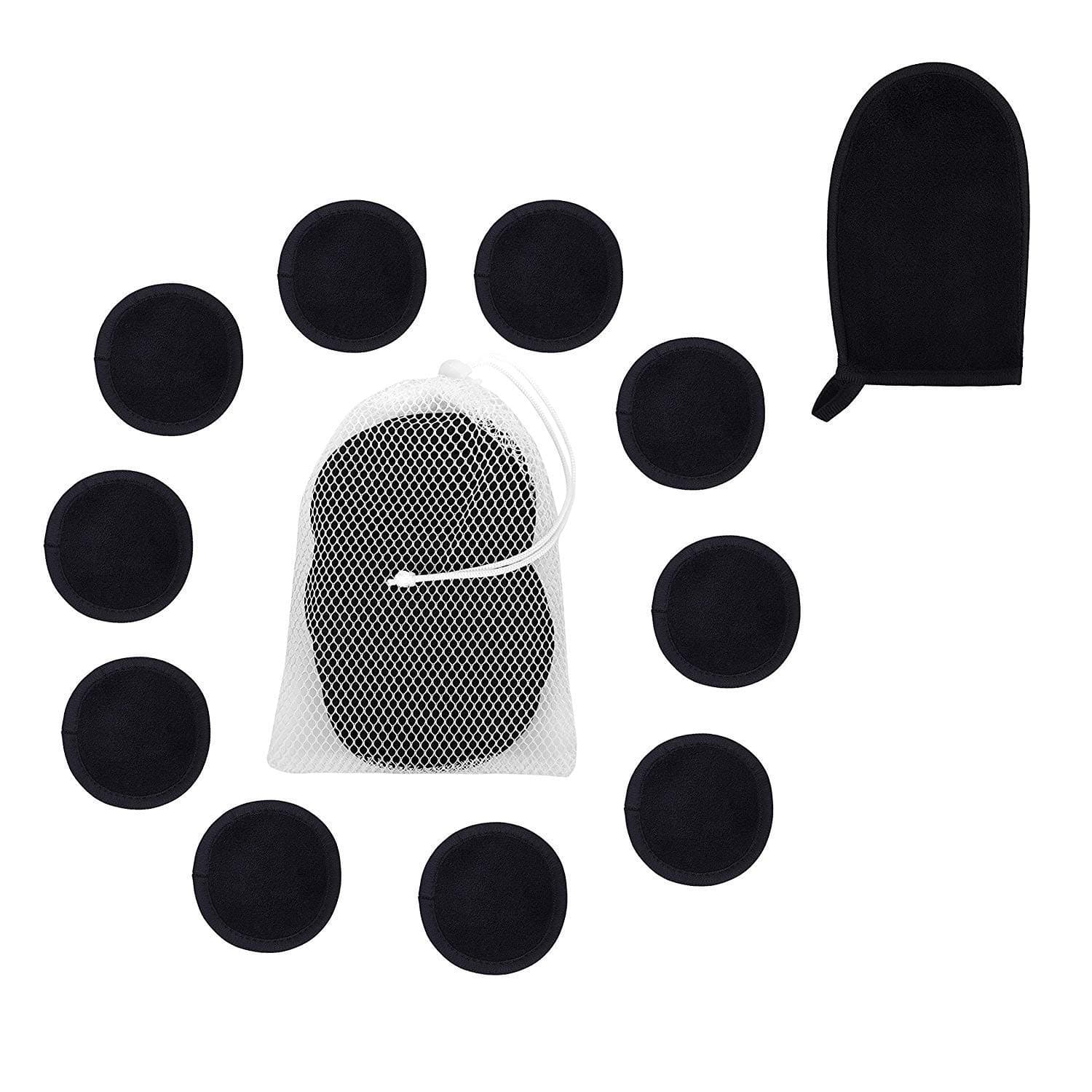 Reusable Makeup Removing Pads and Microfiber Face Cleansing Gloves -|Reusable Cotton Rounds, Laundry bag & 1 Black Makeup Remover Mitts | Little Footprint (Black)