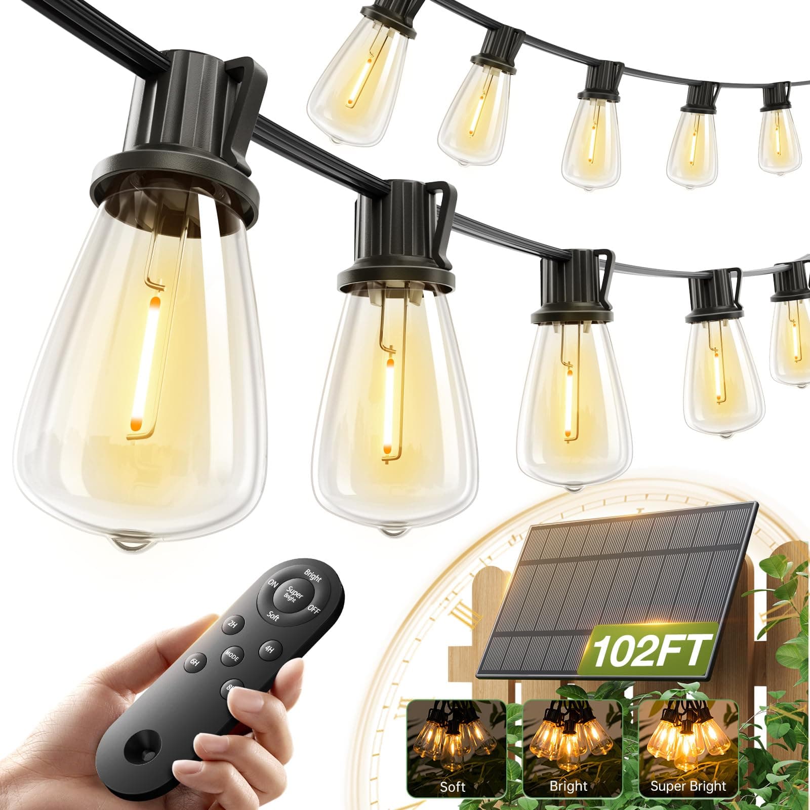 102(96+6) FT Solar String Lights Waterproof,Patio Light Solar Powered with Remote & USB Port 3 Modes, 30+2 LED Shatterproof Bulbs Outdoor Lighting for Camping Backyard Garden