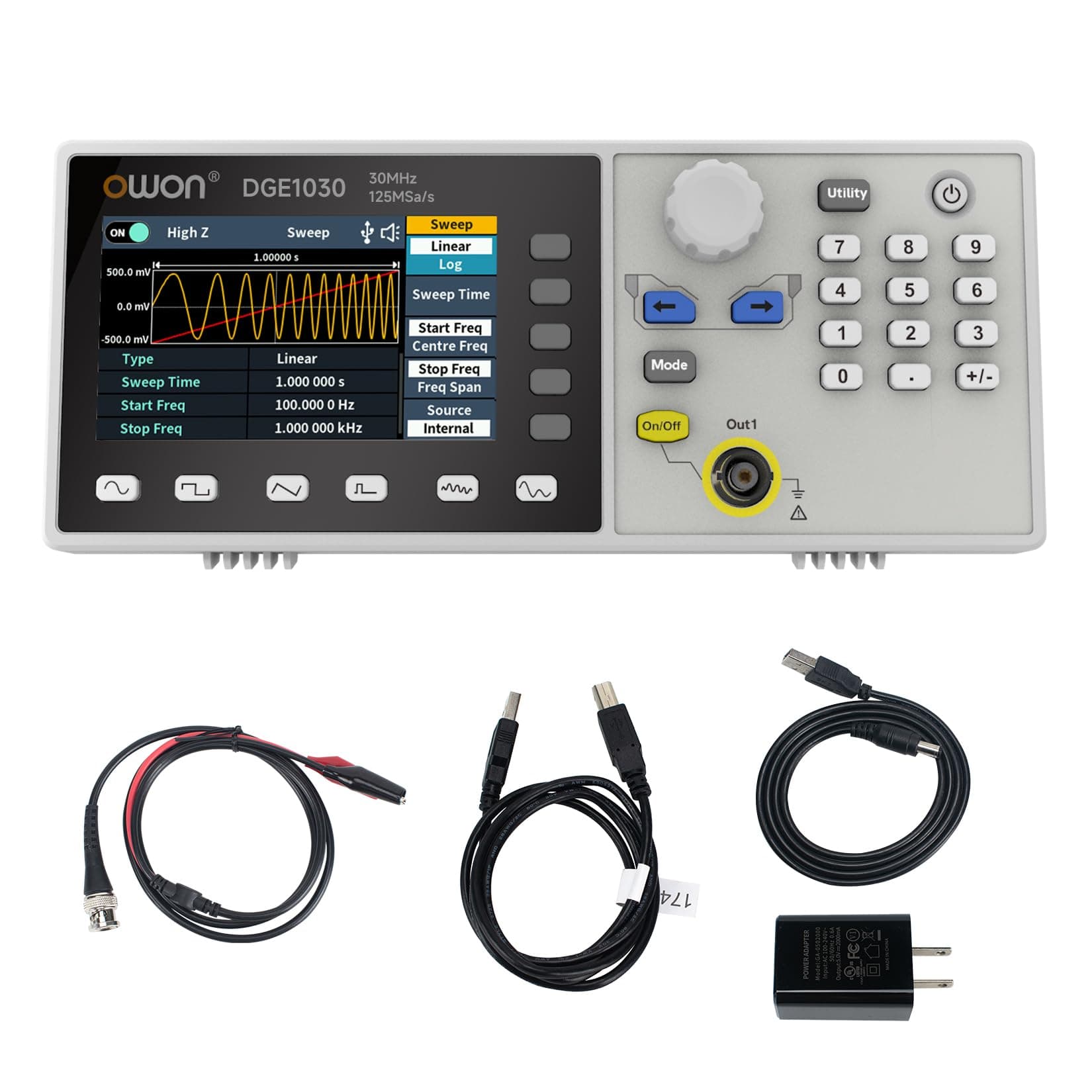 OWON Waveform Generator,30MHz Bandwidth, 125MSa/s Sampling Rate, 14 bits Vertical Resolution, 8K Waveform Length,5 Basic Waveforms, and 160 built-in Arbitrary Waveforms, with 3.6IN LCD Display DGE1030