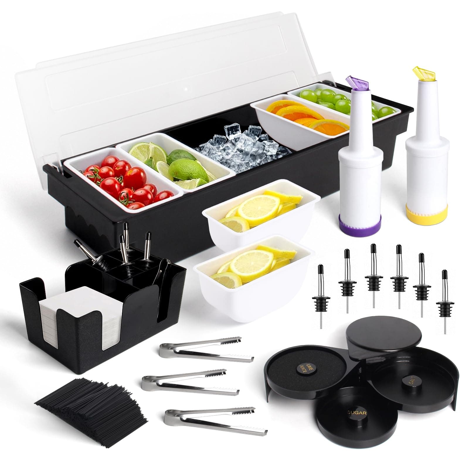 Mobile Bartending Station & Bartending Supplies - Includes Garnish Tray, Bar Caddy, 3-Tier Glass Rimmer, 6 Bottle Pourers, 2 Juice Bottles, 3 Tongs, 500 Stirrers - Ideal for Home & Professional Bars