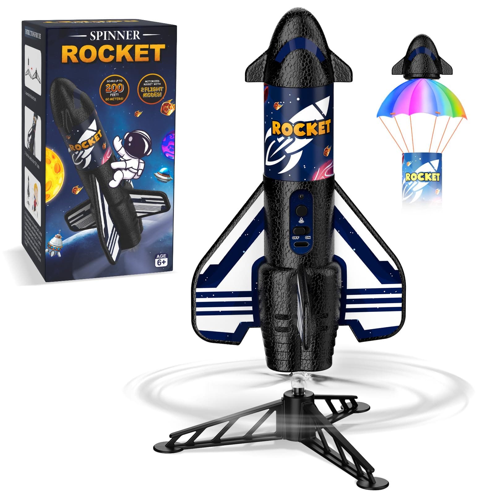 Rocket Launcher for Kids, 200 ft Flight Altitude Self Launching Motorized Rocket Toy with Safety Parachute Land and LED Light, Outdoor Toys Gifts for Ages 6-12 Kids Boys & Girls