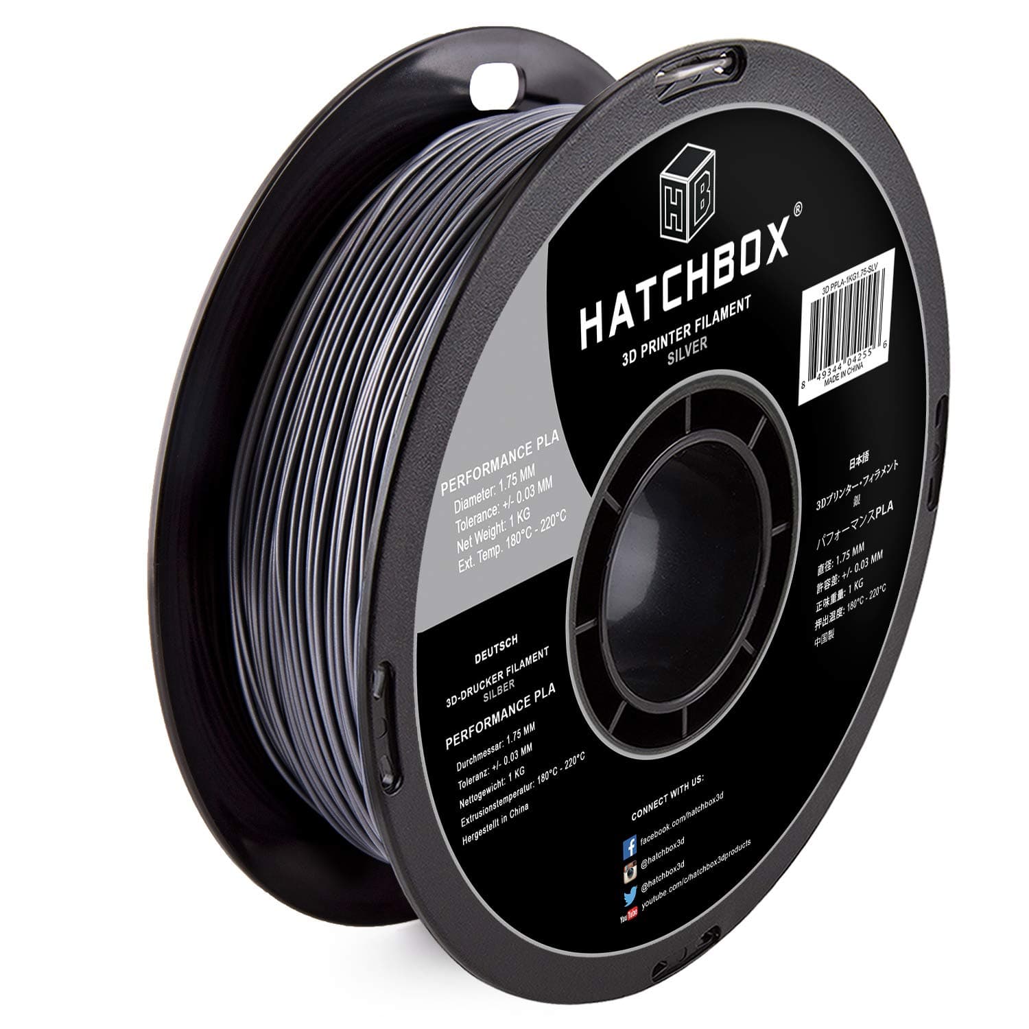 HATCHBOX Performance PLA 3D Printer Filament, Dimensional Accuracy +/- 0.03 mm, 1 kg Spool, 1.75 mm, Silver