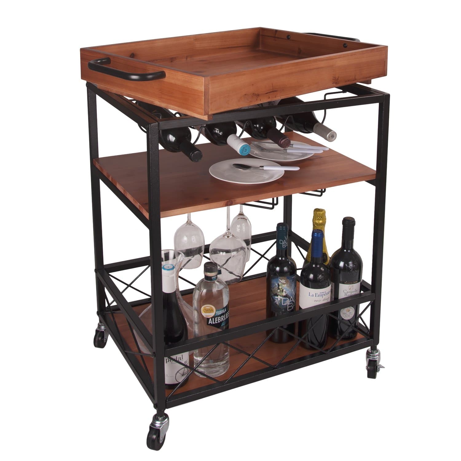 24"x18" Solid Wood Kitchen Serving Cart Bar Buffet Cart 3 Tiers with Bottle and Goblet Holder (Dark Walnut)