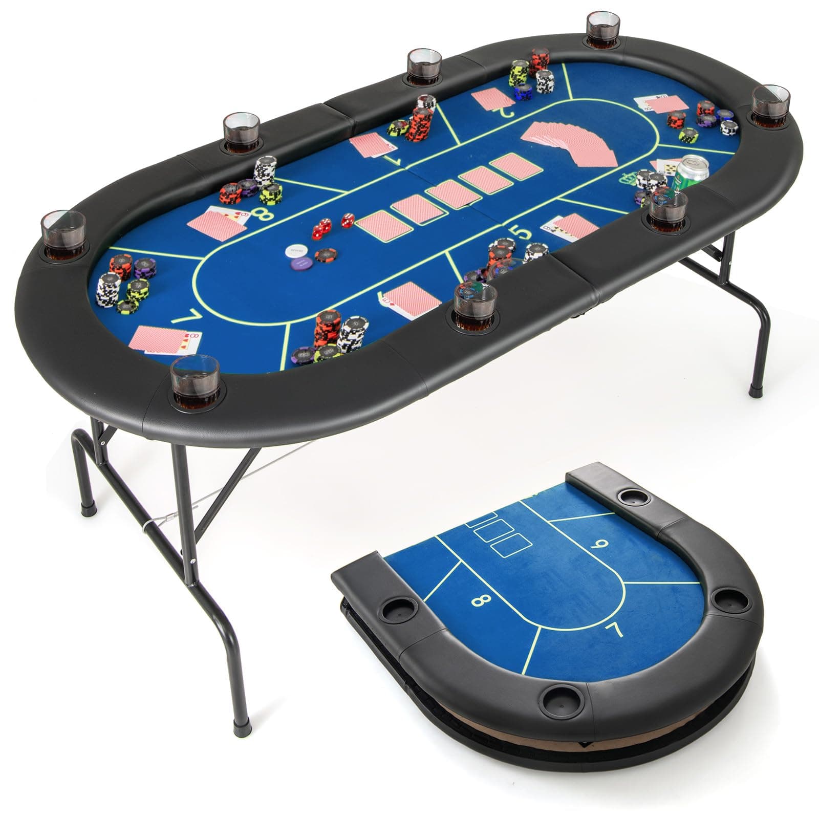 Giantex 72" Poker Table Foldable, 8 Player Folding Card Board Game Table w/ 8 Cup Holders, Casino-Grade Felt Surface, Portable Oval Texas Holdem Poker Tables for Blackjack Casino, No Assembly Required