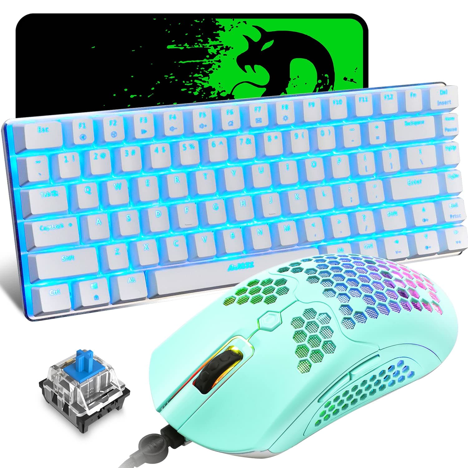ZIYOU LANGWired Gaming Keyboard and Mouse Combo,Blue LED Backlit Mechanical Keyboard,12K DPI RGB Ultralight Gaming Mouse,Gaming Mouse Pad for PC Gamer(Macaron Green)