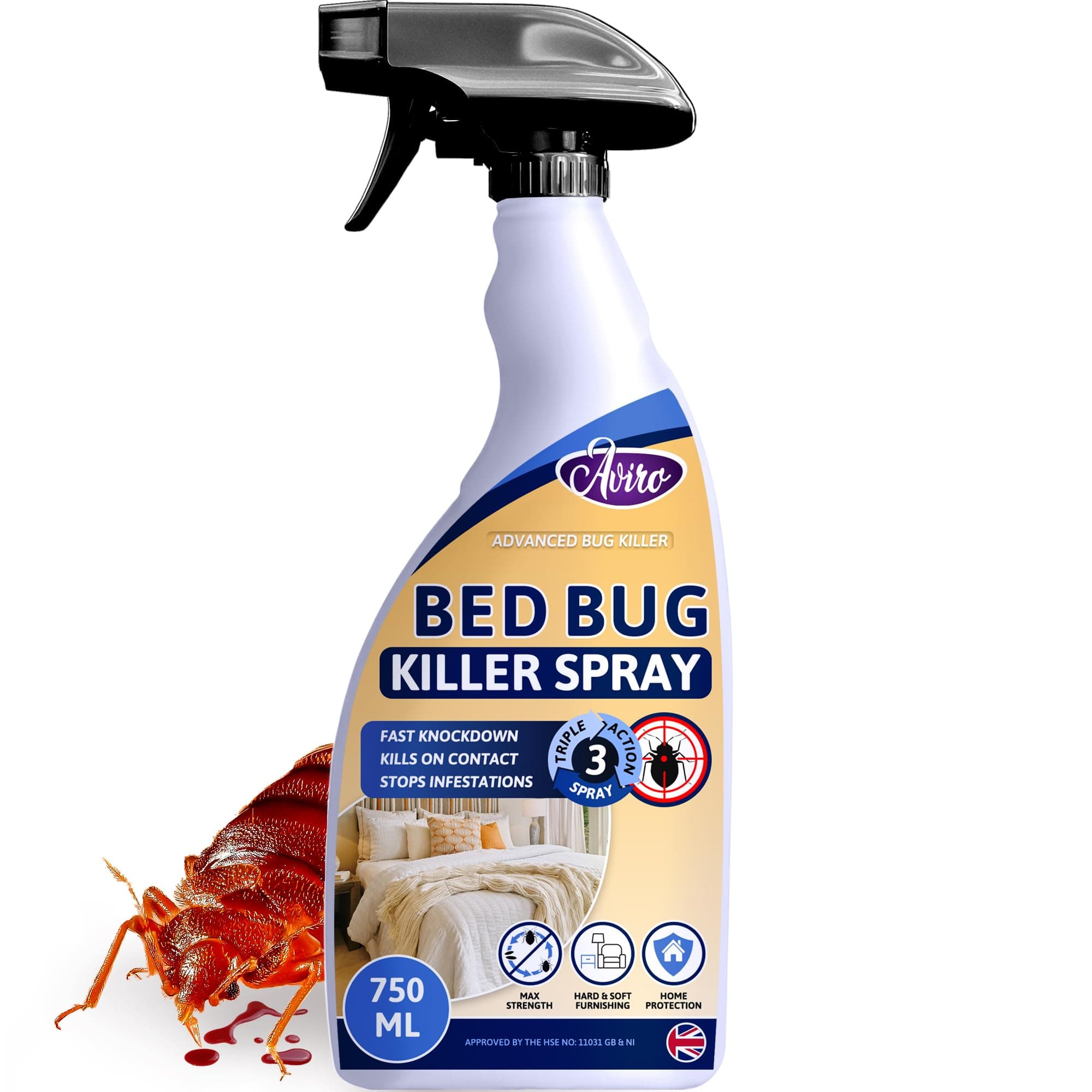 Bedbug Spray - Fast Acting Bed Bug Killer Spray for Immediate Control & Ongoing Prevention. Triple Action Professional Strength Bedbug Treatment for Home, Use On Hard & Soft Furnishings. 750ml
